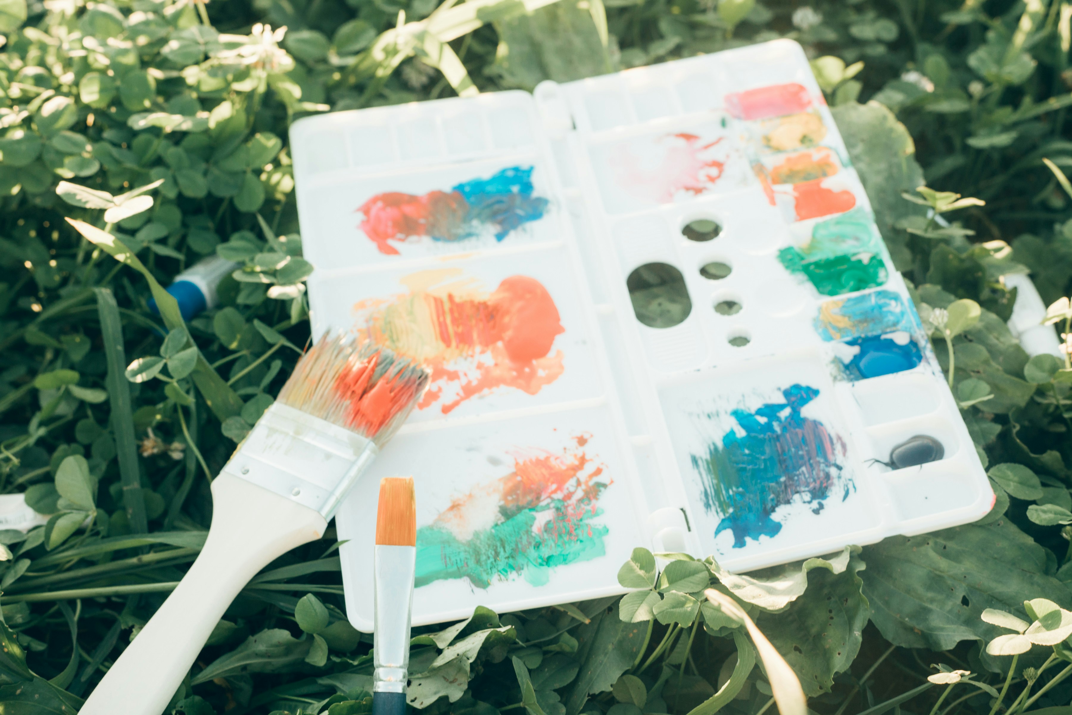 芝生の上に置かれた絵の具パレットと筆
