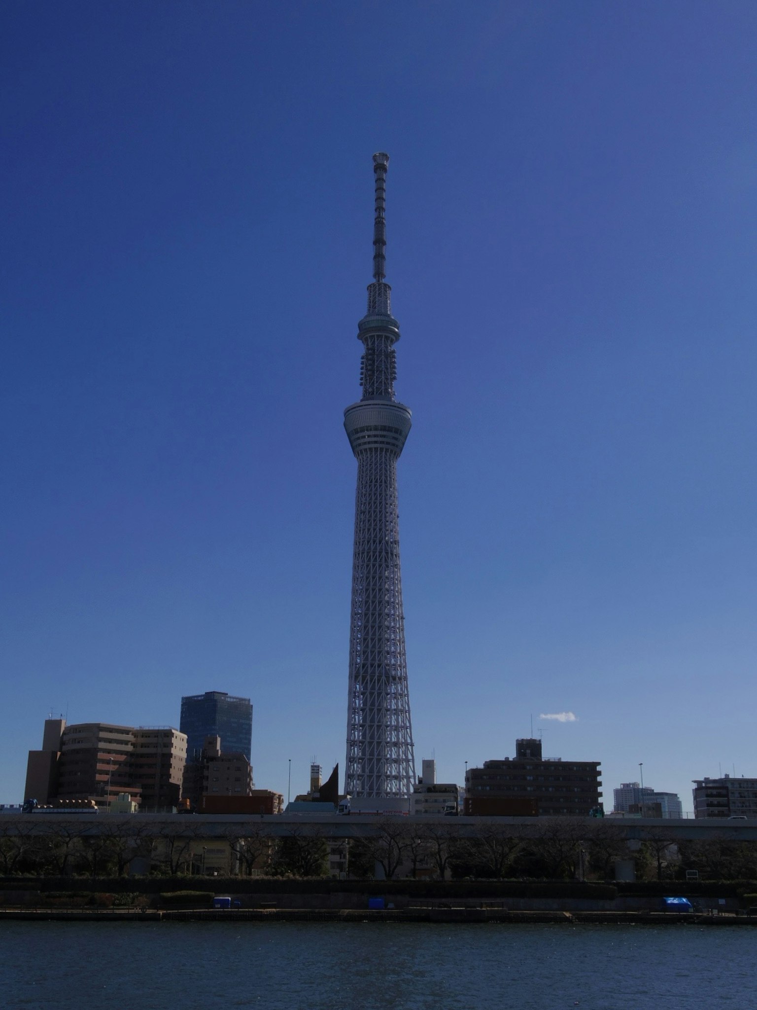 Tokyo Skytree che si erge sotto un cielo blu chiaro