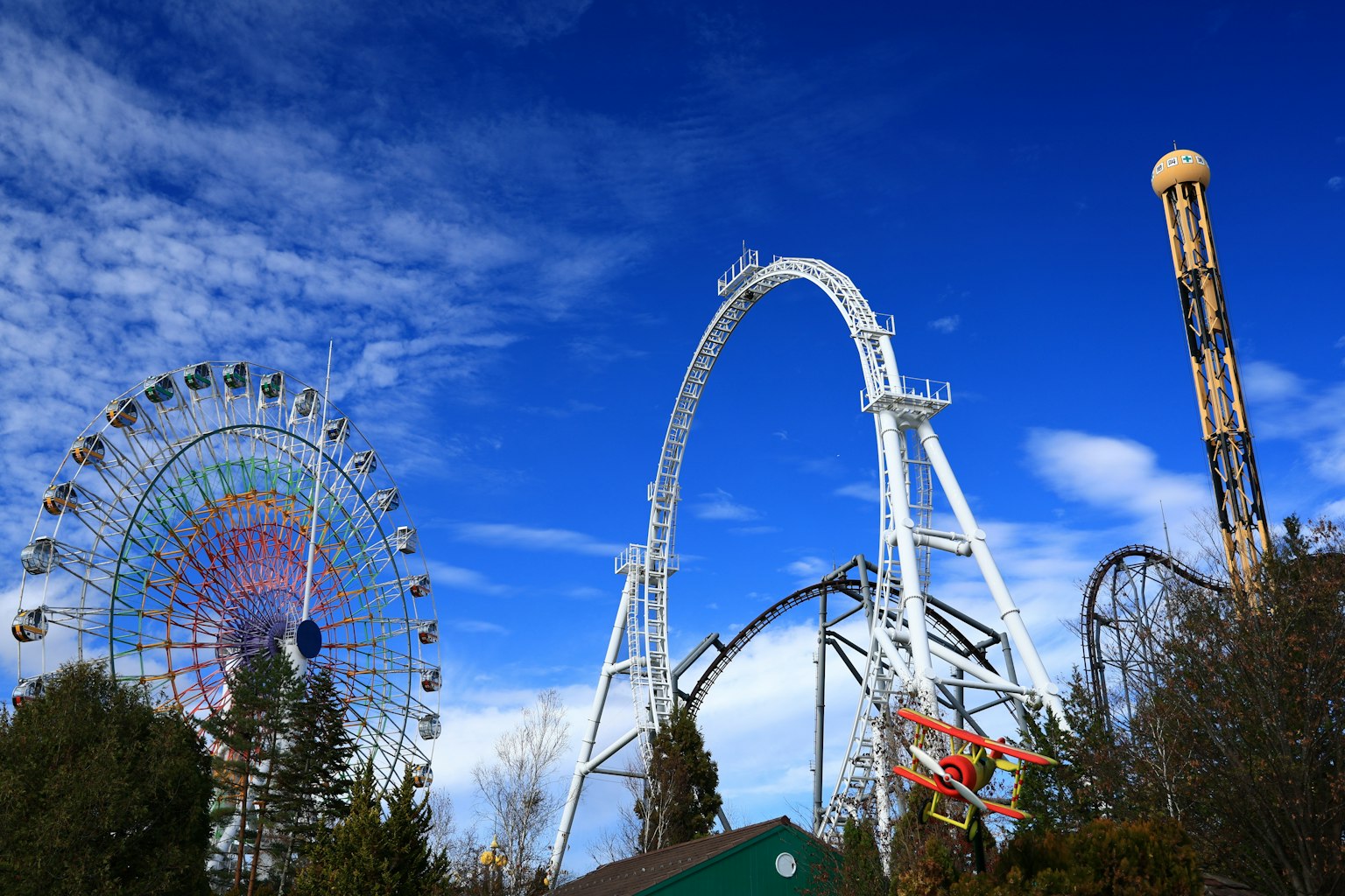Parque de diversiones con una noria colorida y una montaña rusa blanca bajo un cielo azul