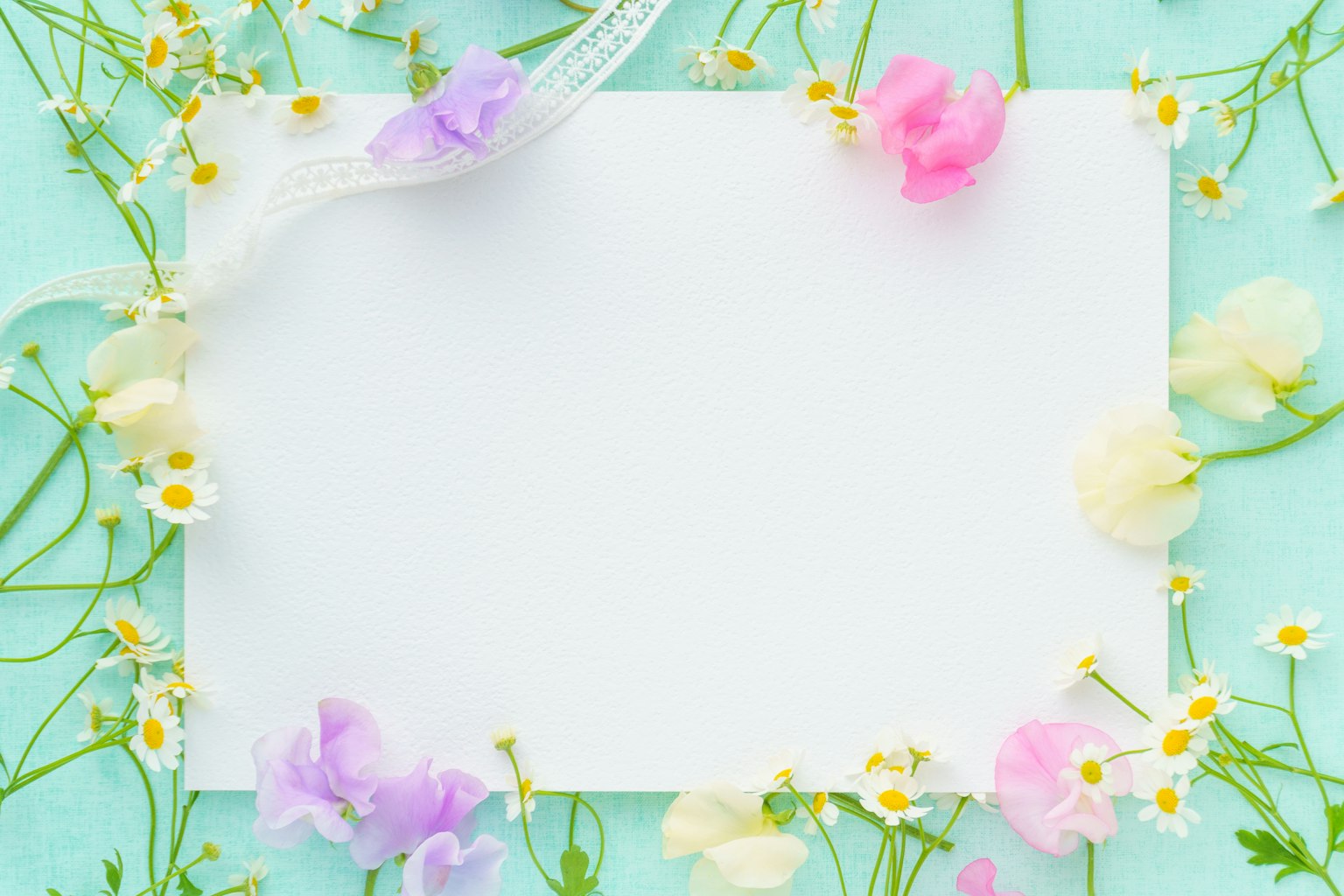 Ein hellblauer Hintergrund mit verstreuten Blütenblättern und Grün um ein leeres weißes Blatt Papier