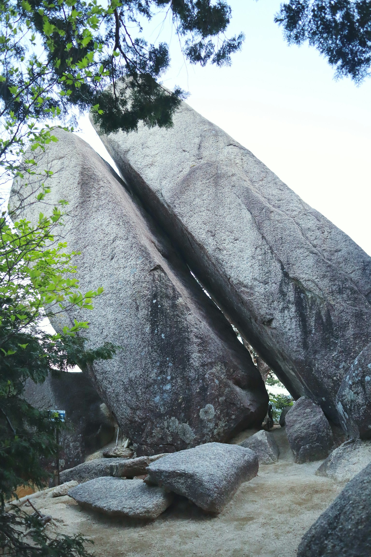 Dos grandes rocas en forma de V entre la vegetación