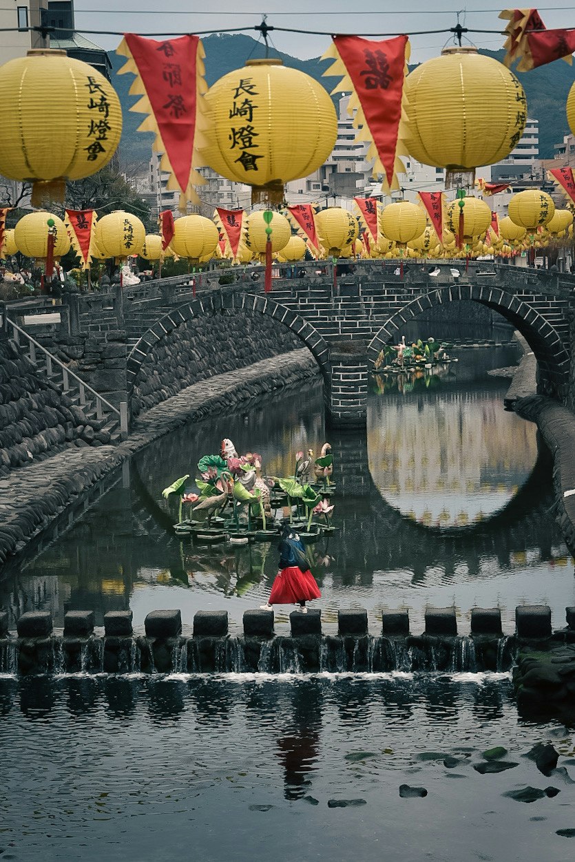 运河上方的灯笼装饰与穿红裙的女性的节庆场景