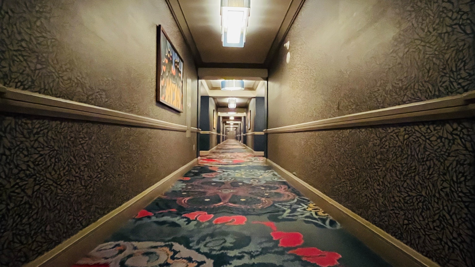 Foto di un corridoio d'hotel con dettagli sul tappeto e le pareti