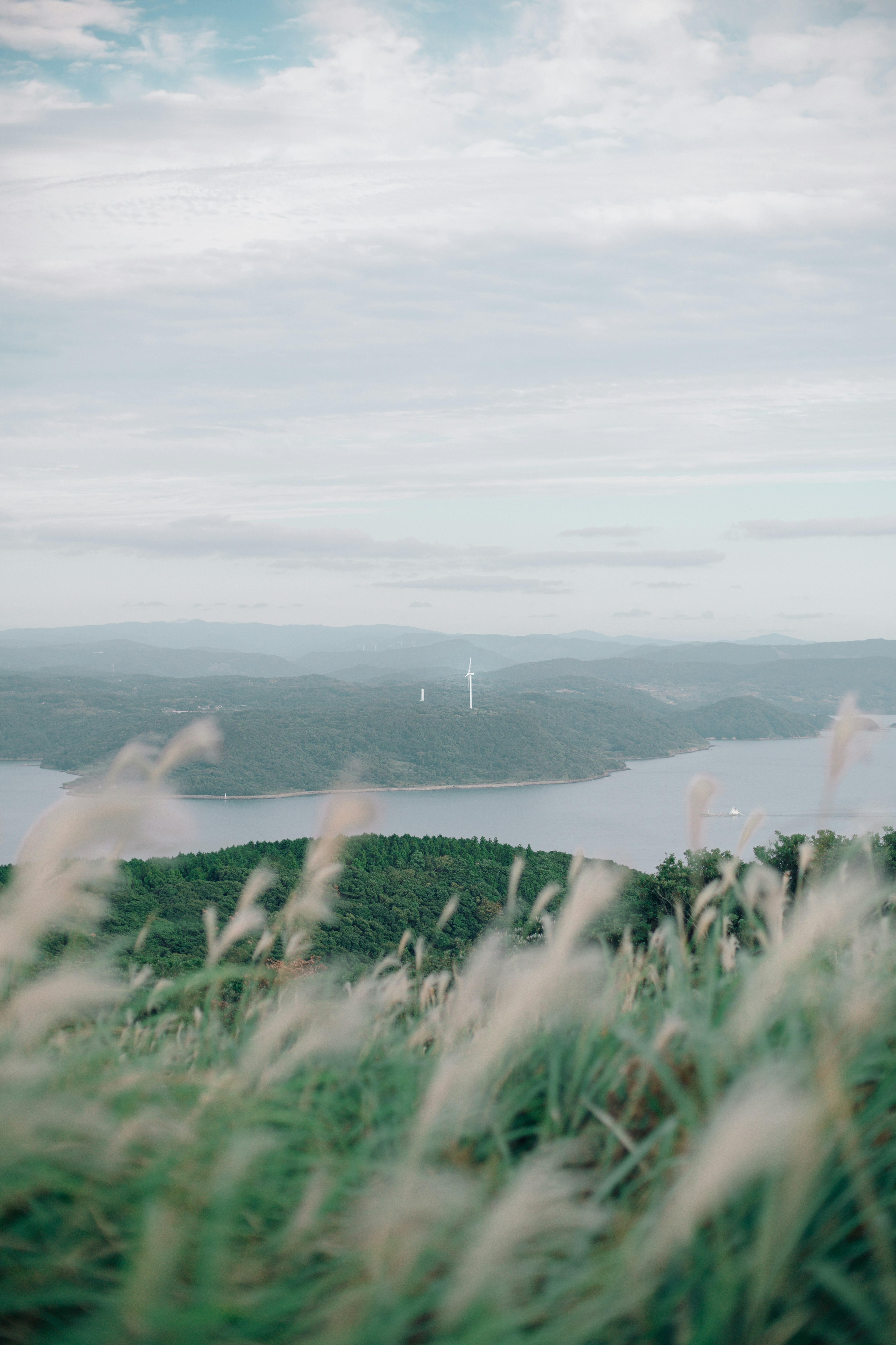 Lac et collines verdoyantes vus depuis un premier plan d’herbe