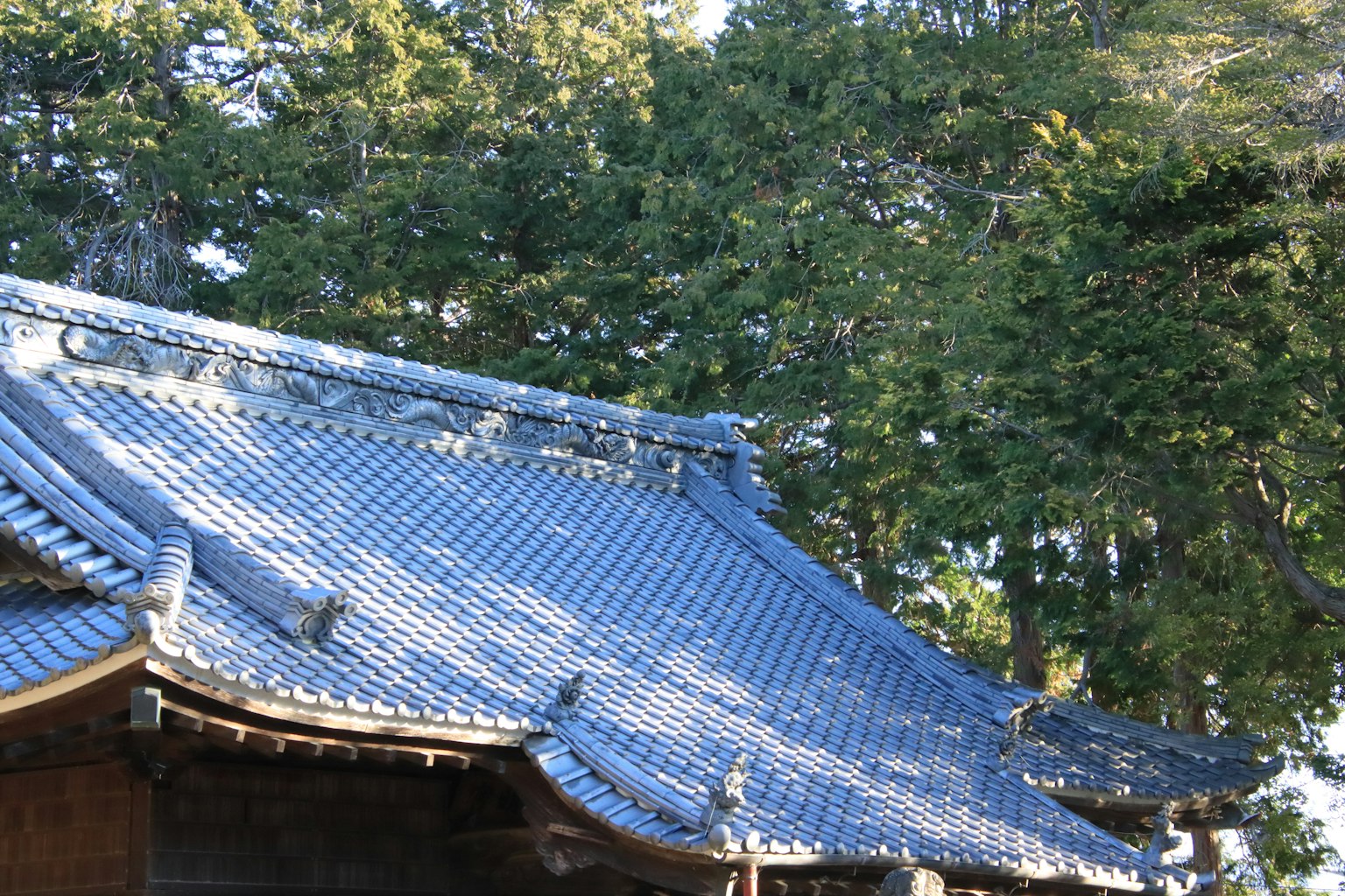 傳統日本建築，藍色瓦屋頂和周圍的綠色植物