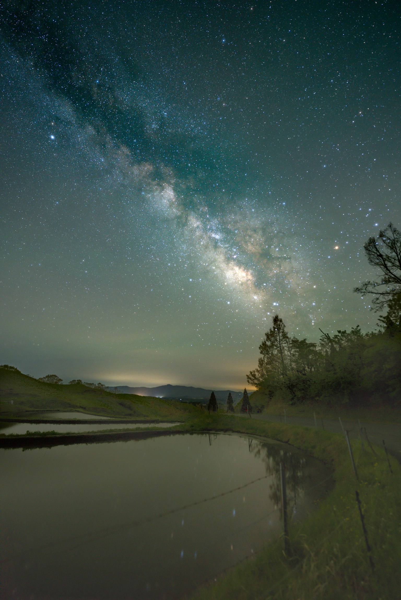 Un lago sereno rodeado de árboles bajo un cielo estrellado con la Vía Láctea visible