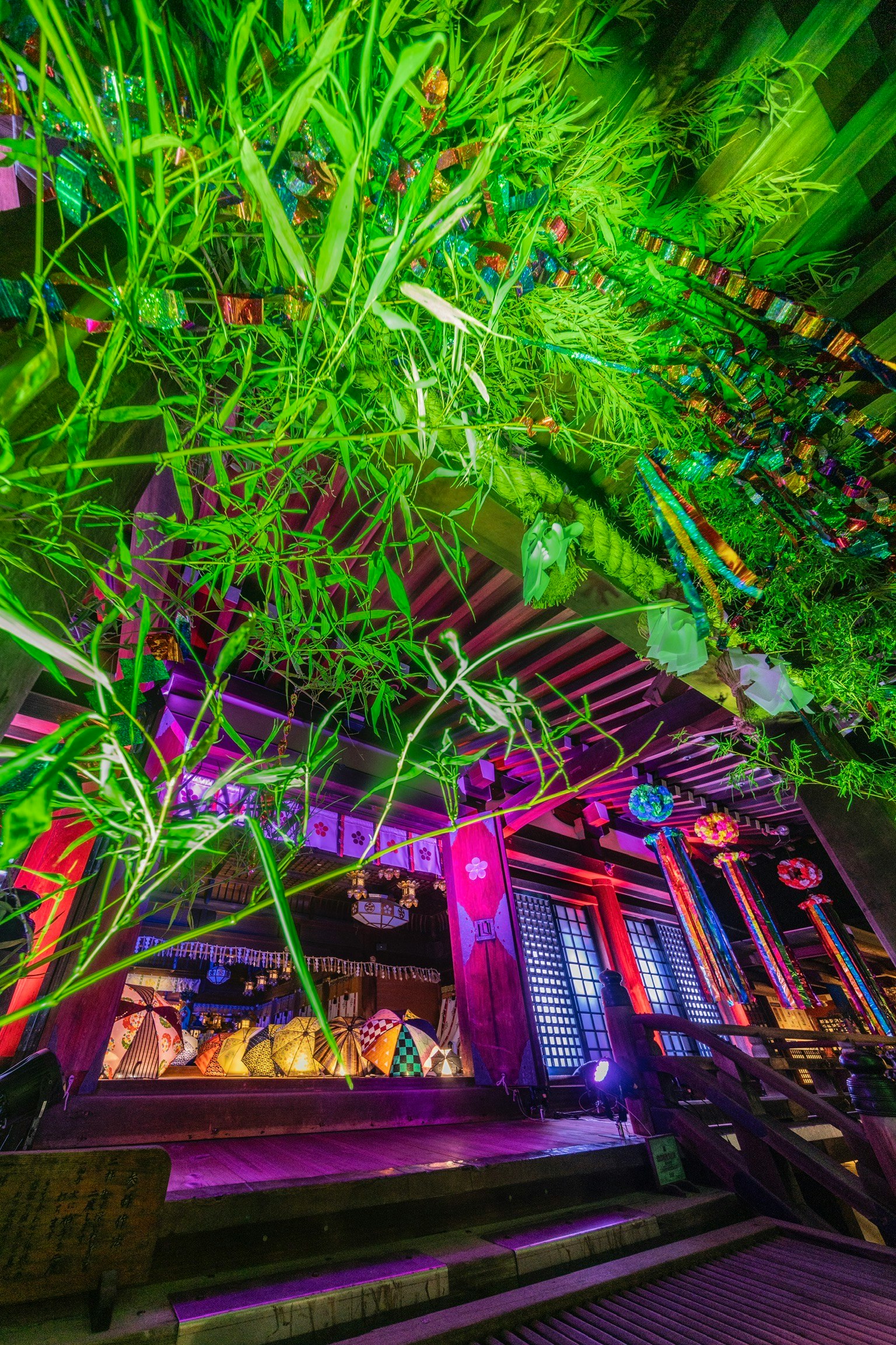Plantas verdes vibrantes y luces coloridas dentro de un edificio japonés tradicional