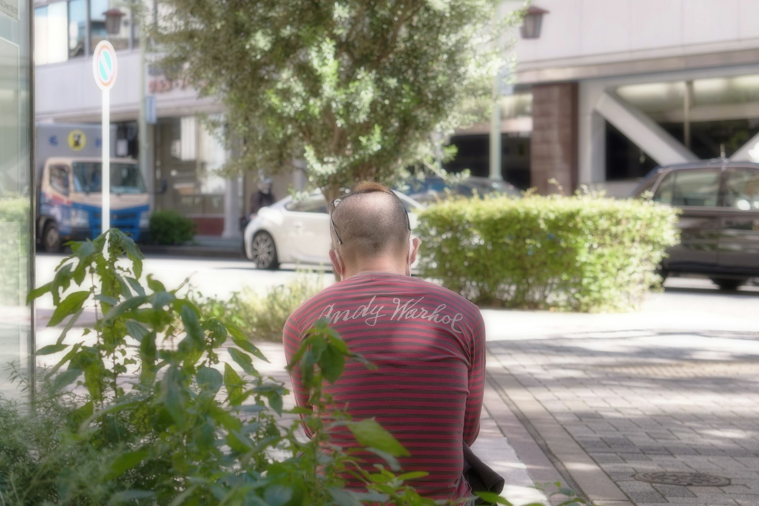 Un uomo visto di spalle in un contesto urbano circondato da vegetazione e auto