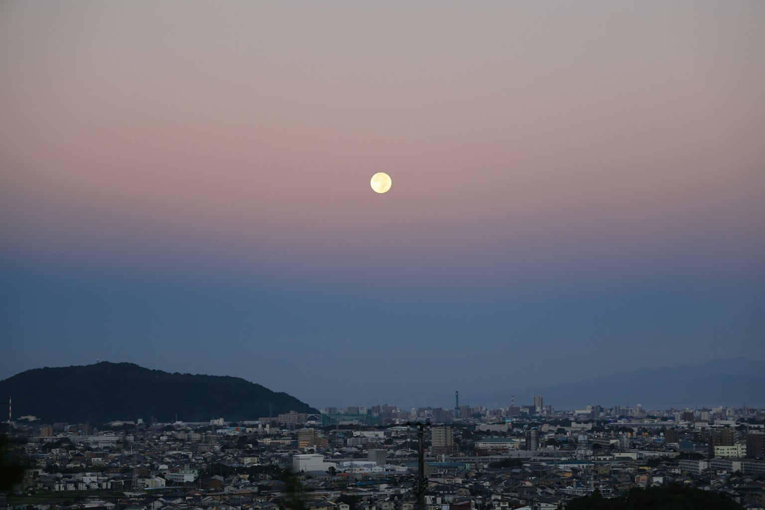 城市天際線上的滿月和黃昏漸變的天空