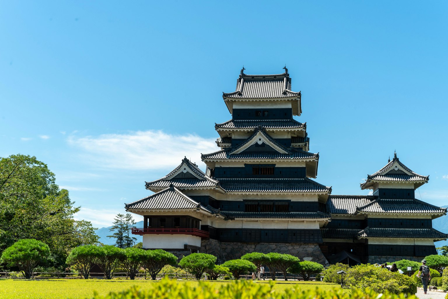 Beautiful exterior of Matsumoto Castle with clear blue sky