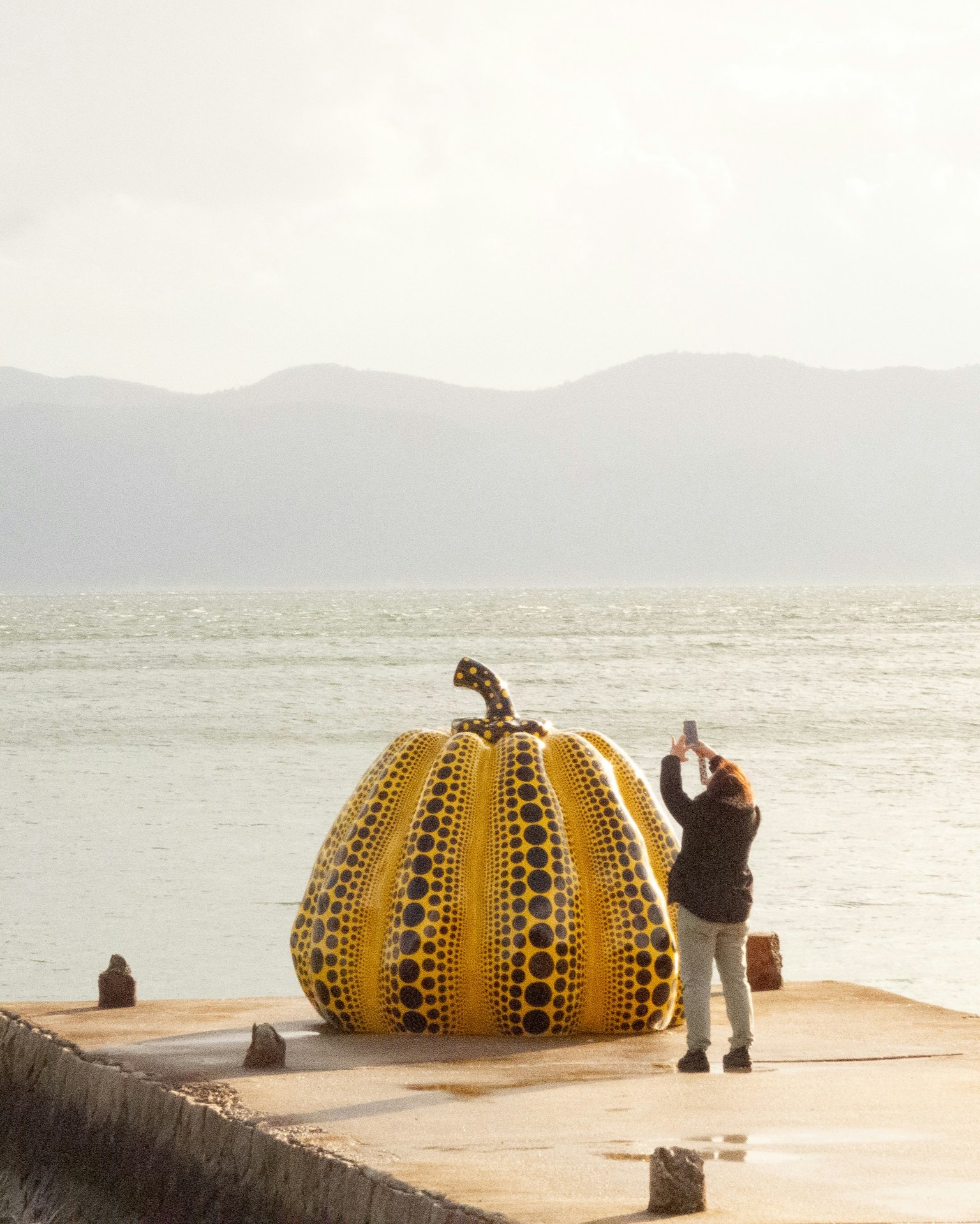 Một người đang chụp ảnh một bức tượng bí ngô lớn màu vàng bên bờ biển