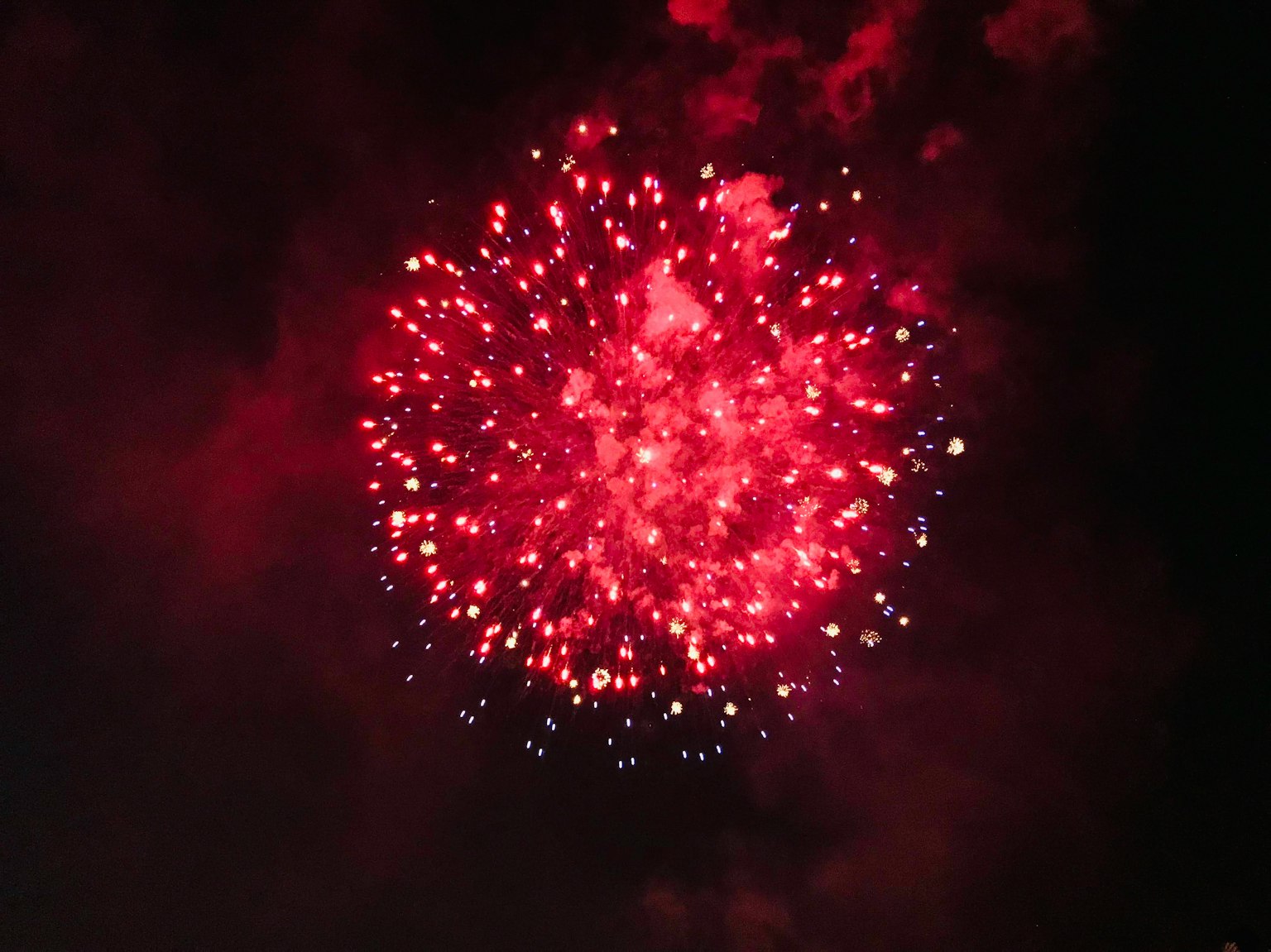 Red fireworks exploding in the night sky