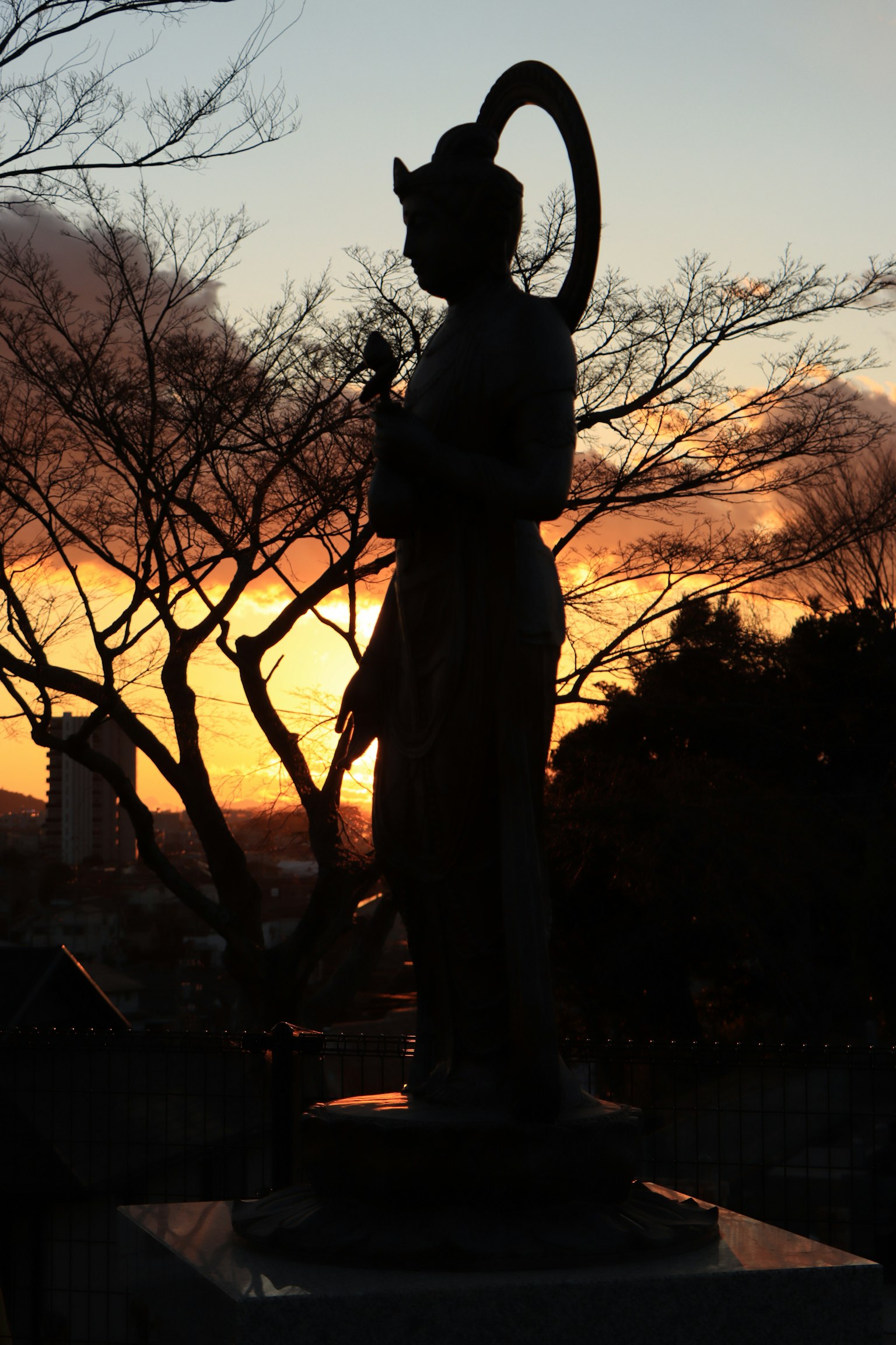 Silhouette of a statue against a sunset with tree branches