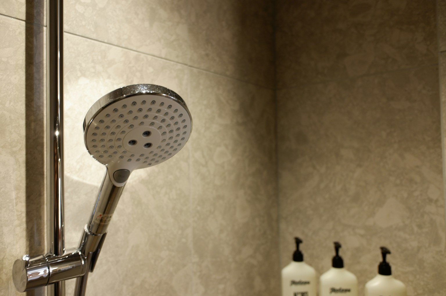 Badezimmer mit Duschkopf und steinähnlicher Wand