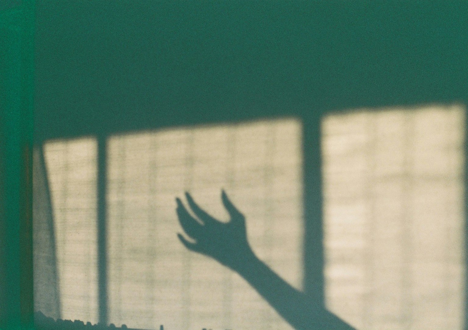 Shadow of a hand reaching out against a green background with window light