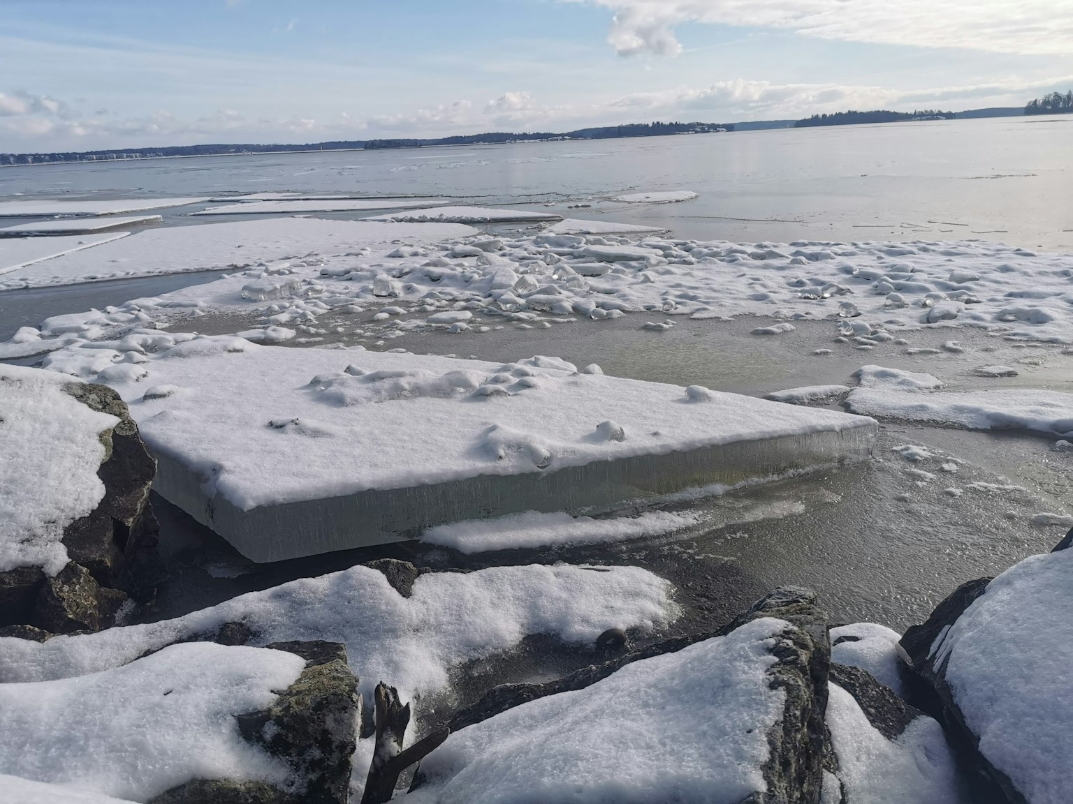 Frozen rocks and serene lake landscape