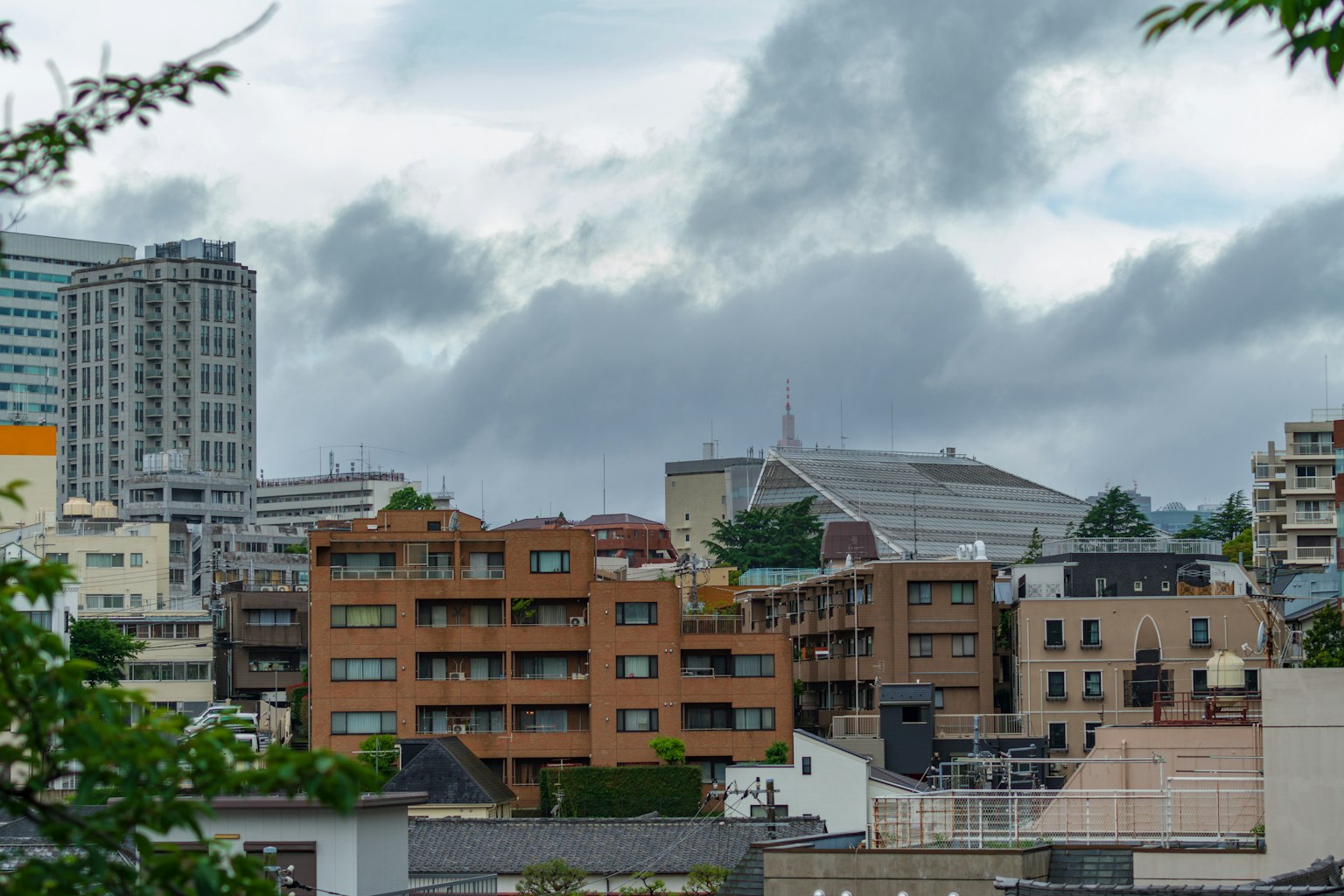 Cityscape featuring a mix of buildings and homes under a cloudy sky