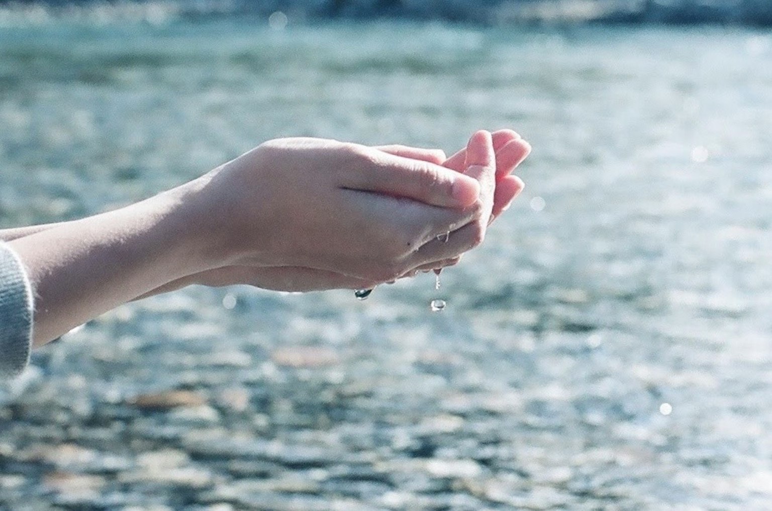 在河边捧水的手