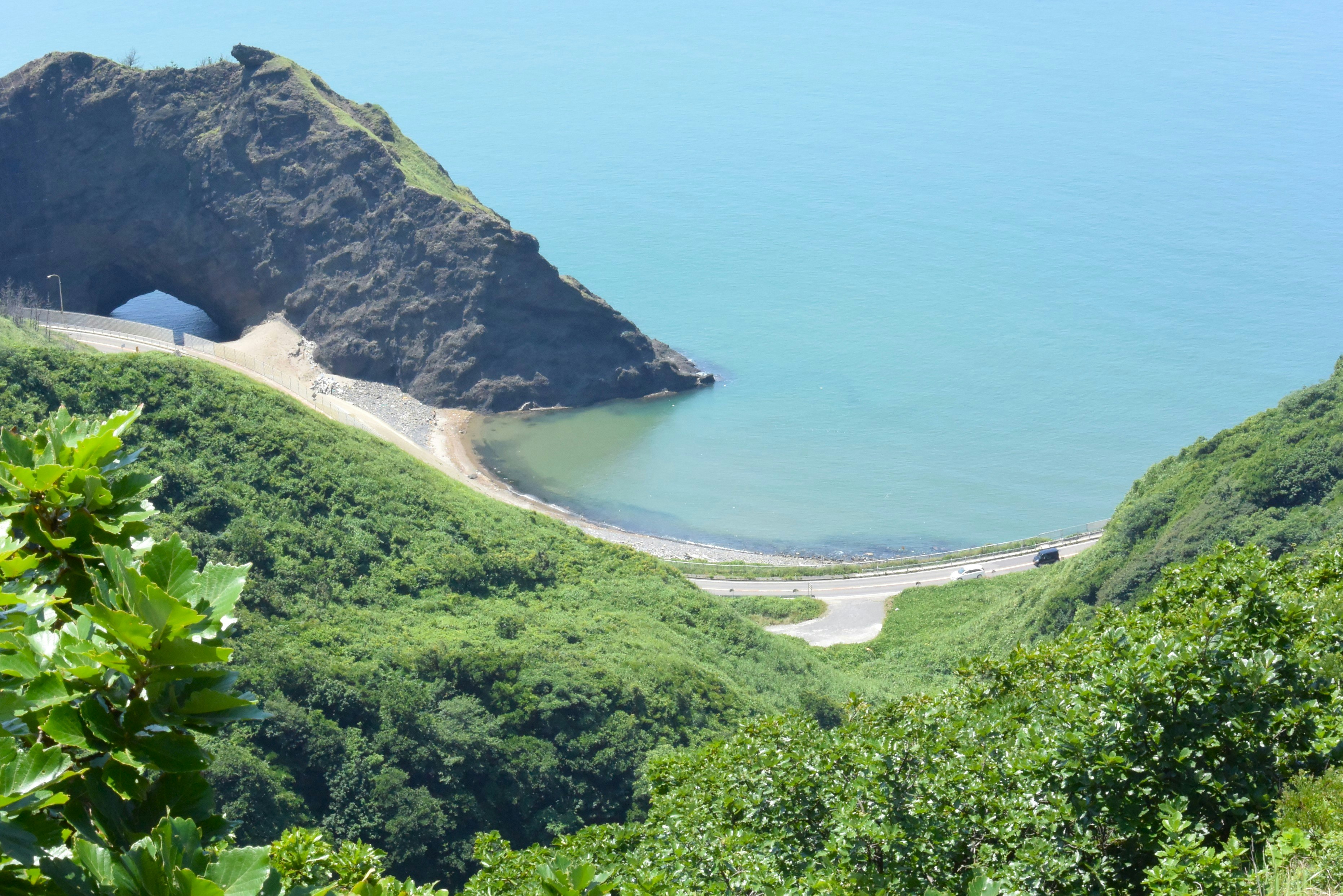 海沿いの断崖と緑の丘に続く小道の風景