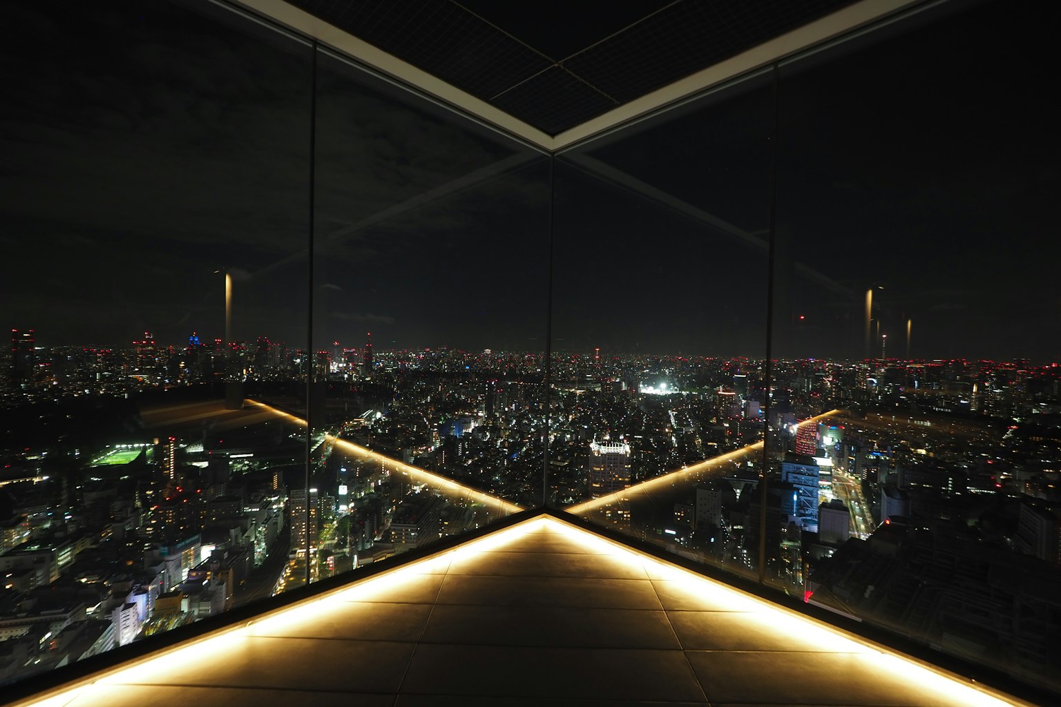 Panoramic view of a city skyline at night