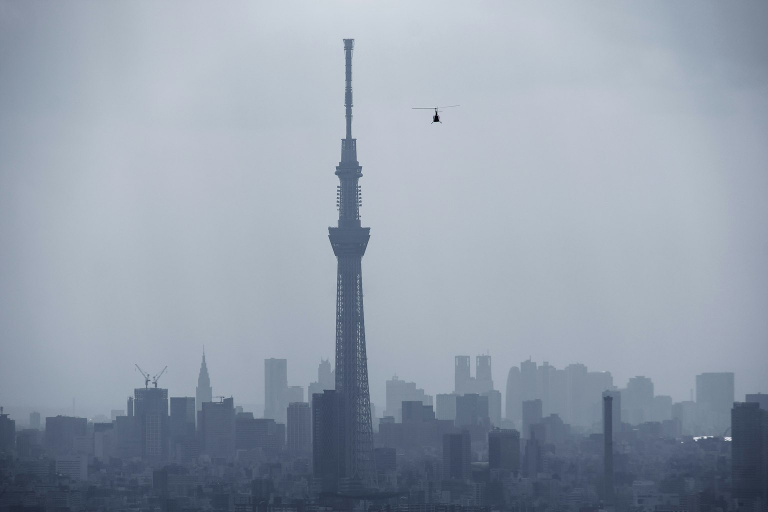 Tokyo Skytree destacándose en un horizonte brumoso