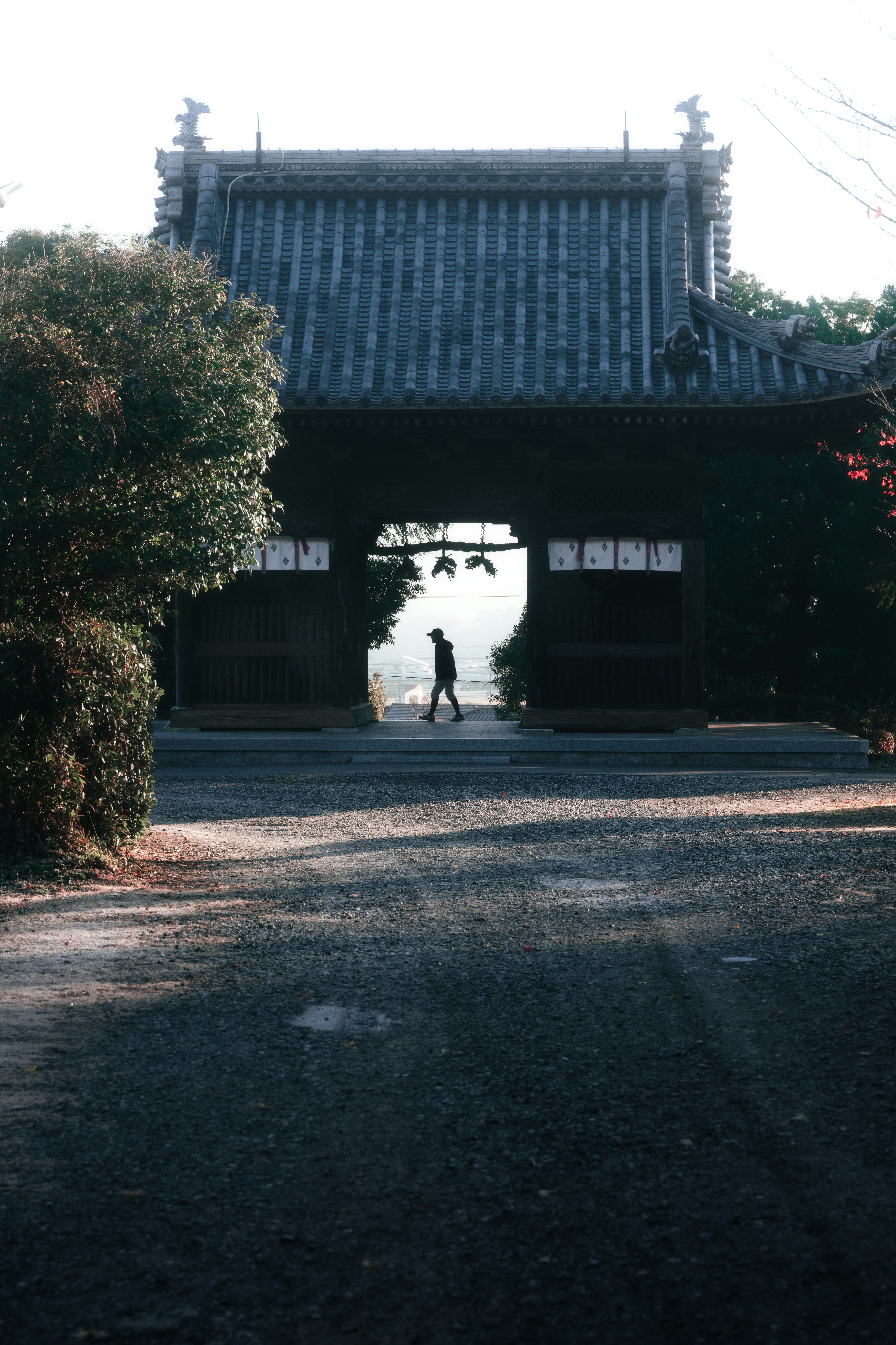 silhouette d’une personne marchant sur l’allée devant une porte de temple