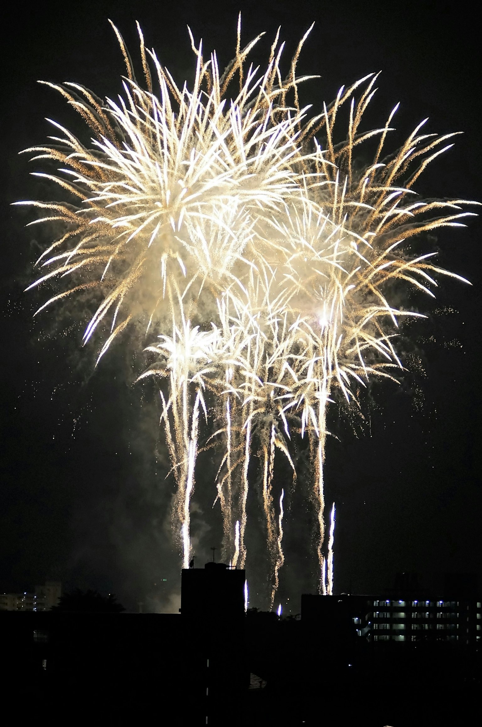 Una scena di fuochi d'artificio bianchi che esplodono nel cielo notturno