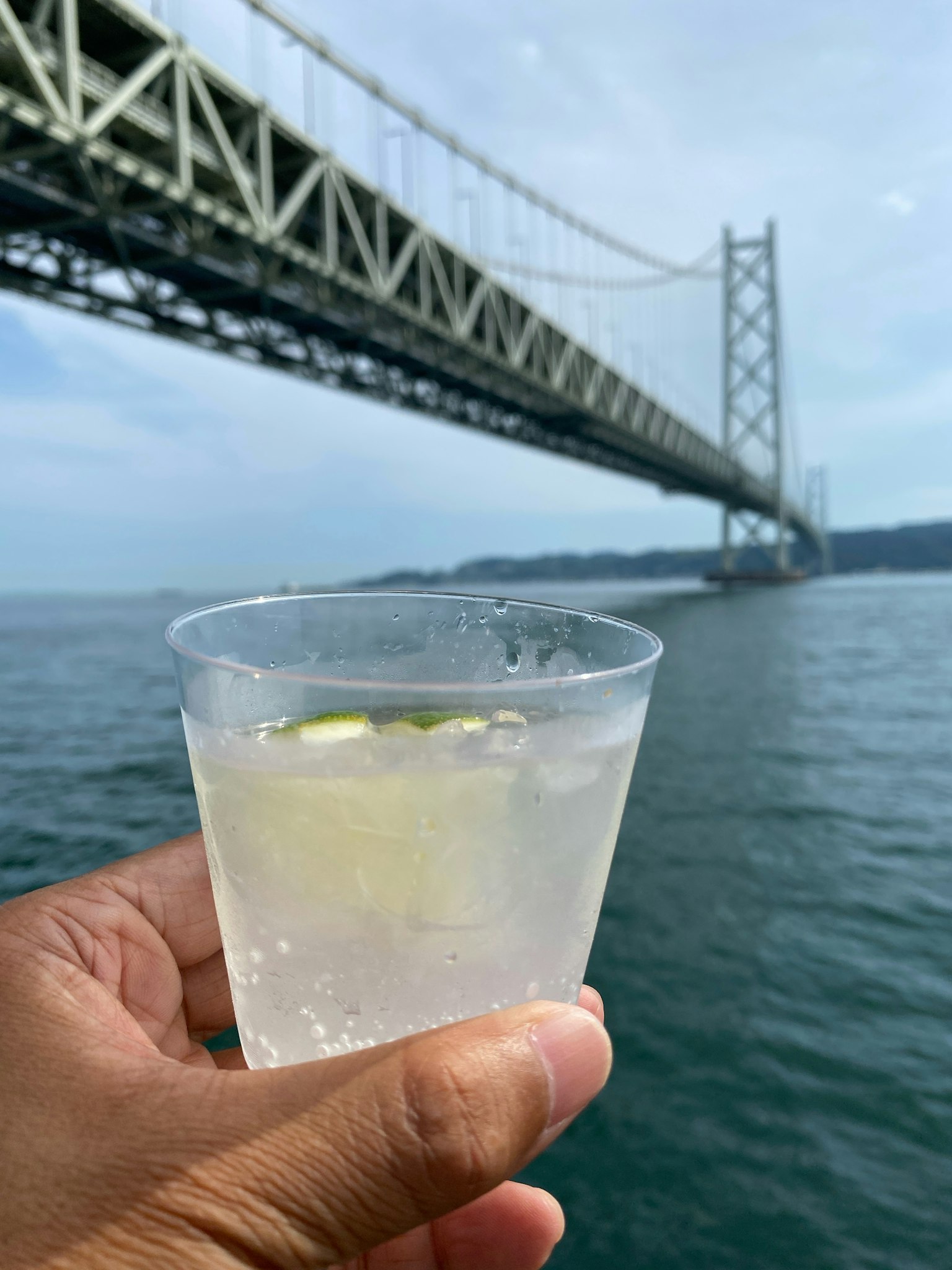 Una mano che tiene un bicchiere trasparente con una bevanda e un ponte sullo sfondo