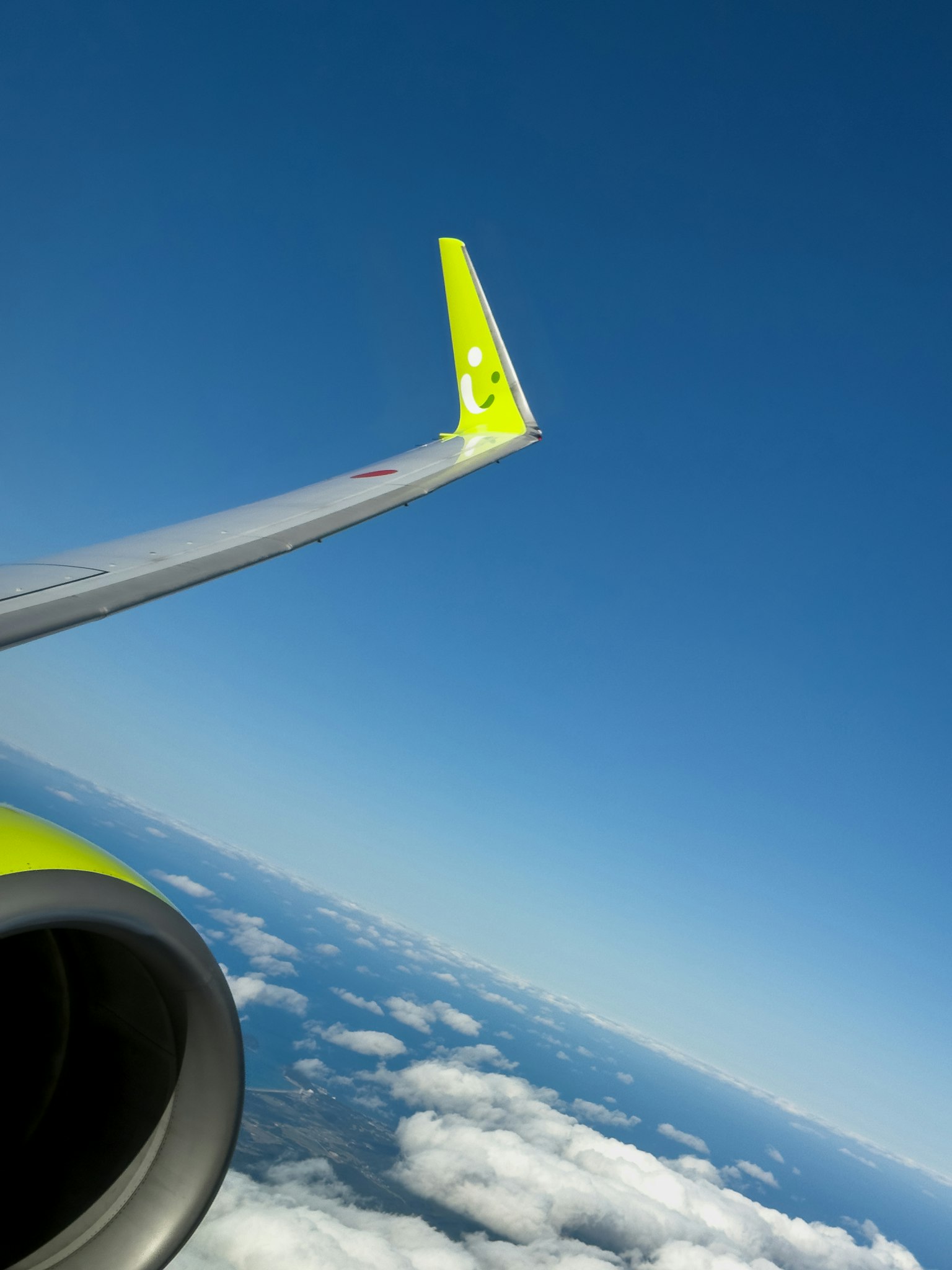 푸른 하늘을 배경으로 한 비행기 날개와 엔진