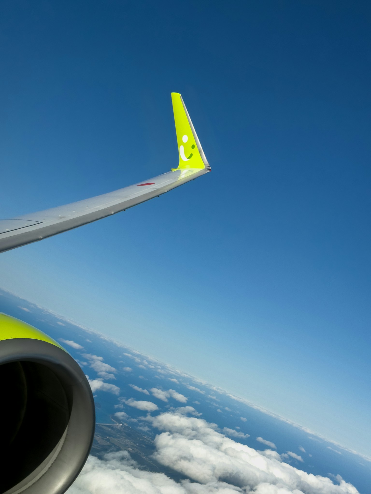 Flügel und Triebwerk eines Flugzeugs vor klarem blauen Himmel sichtbar