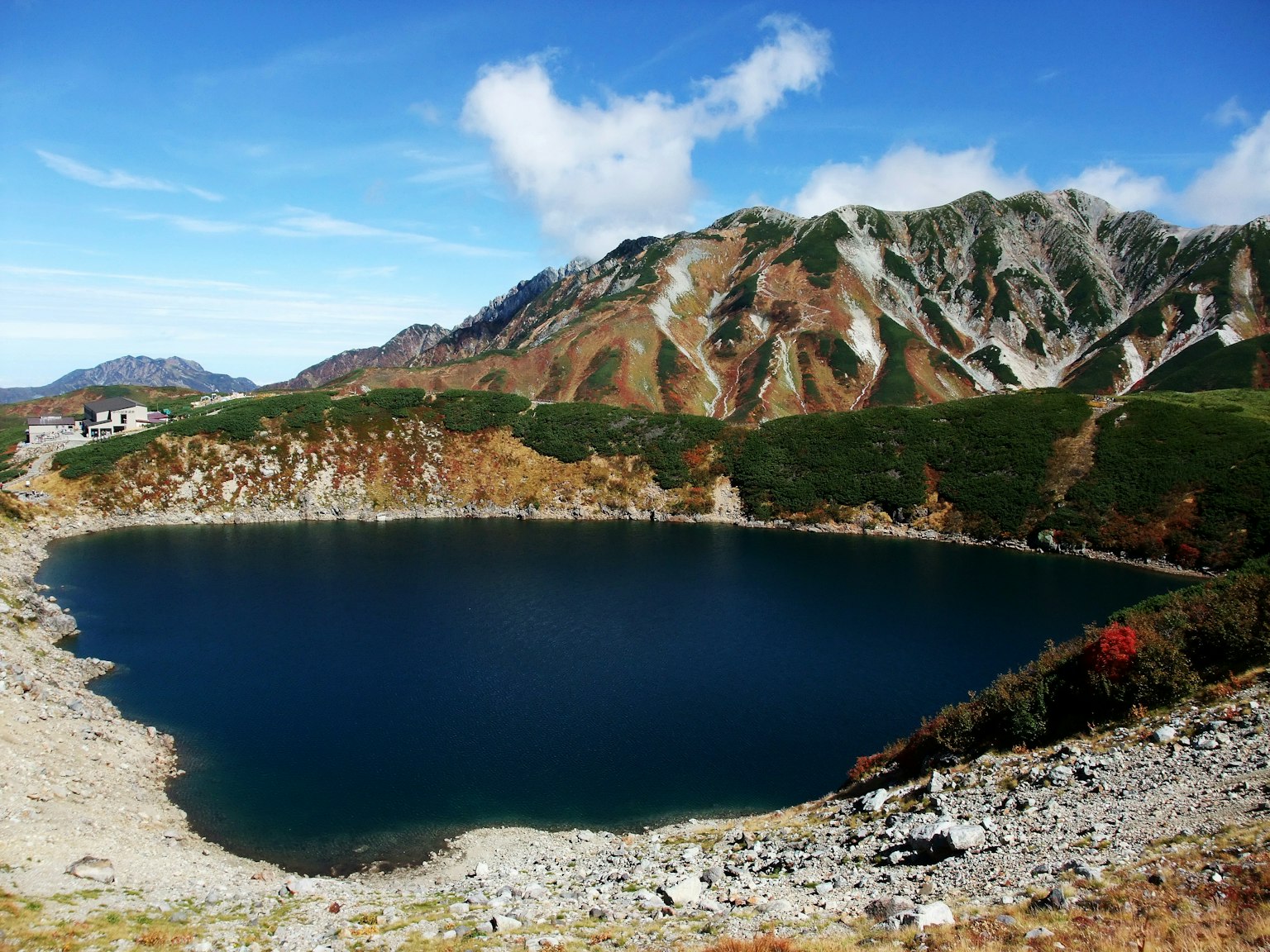 Vue pittoresque d'un lac bleu entouré de montagnes