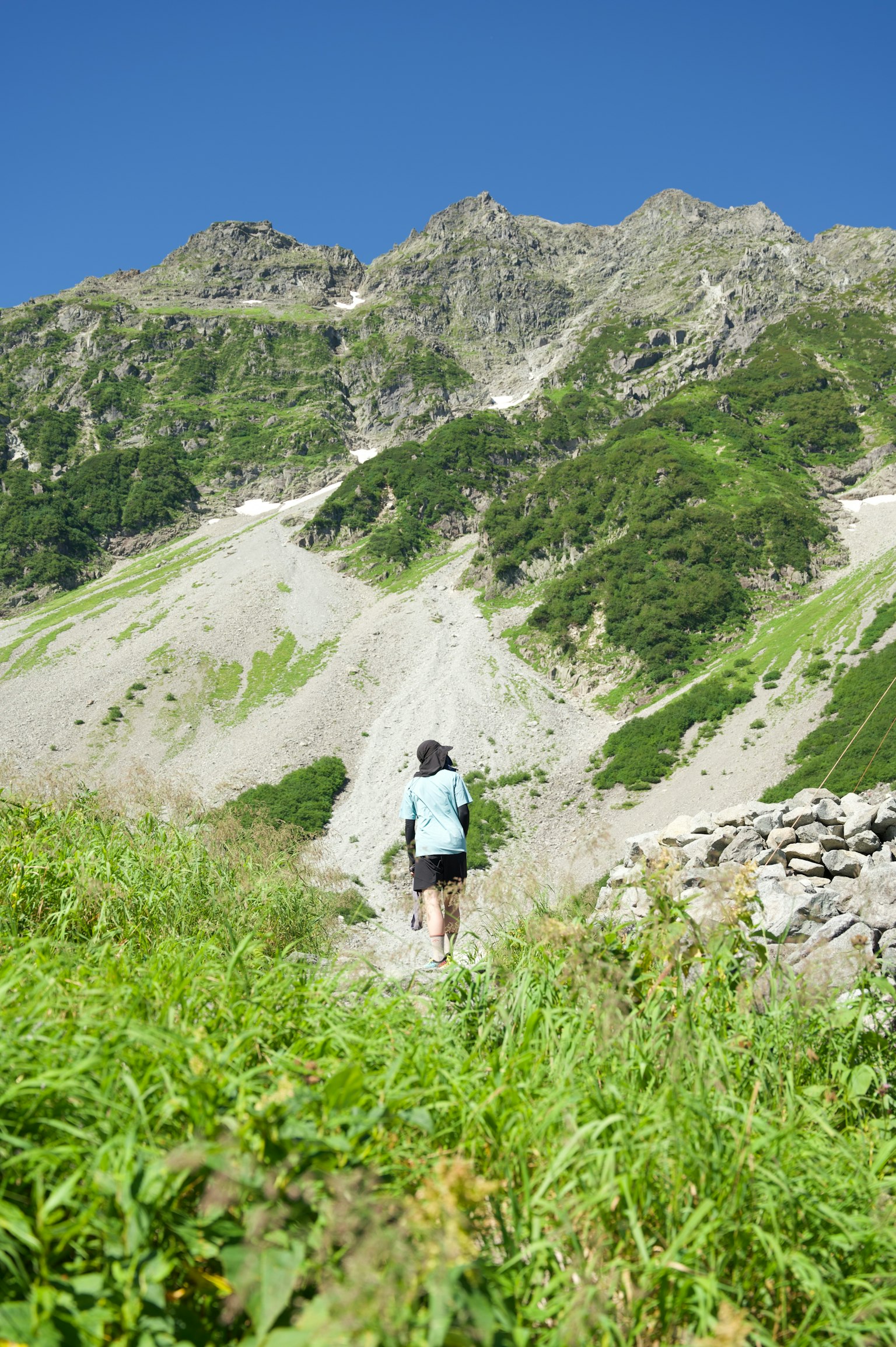 在绿色草地上行走的人和山景
