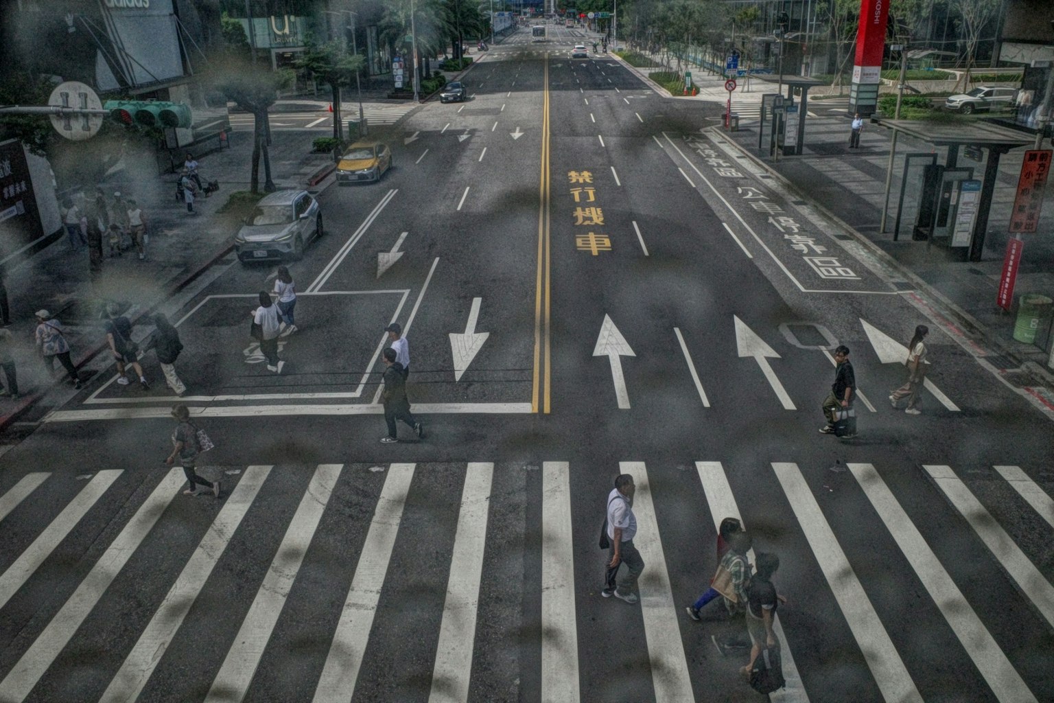 雨に濡れた交差点で横断歩道を渡る人々の風景