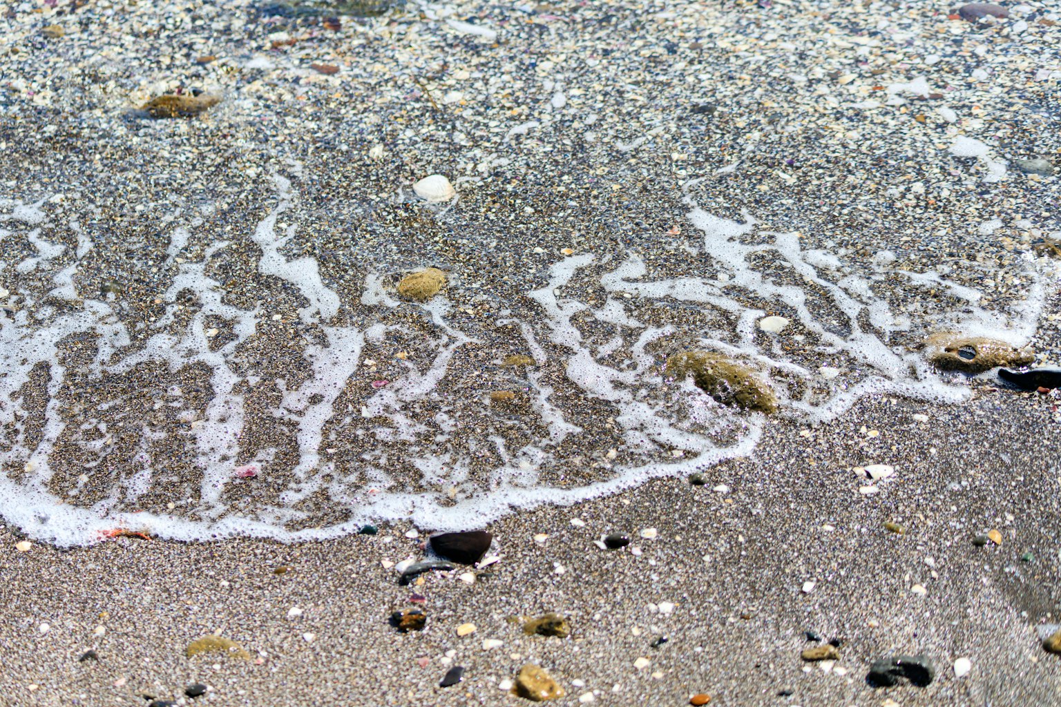Waves lapping at the sandy shore with pebbles and shells