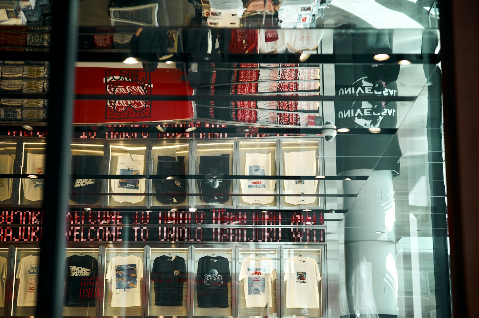 Display of T-shirts and artwork collection in a store
