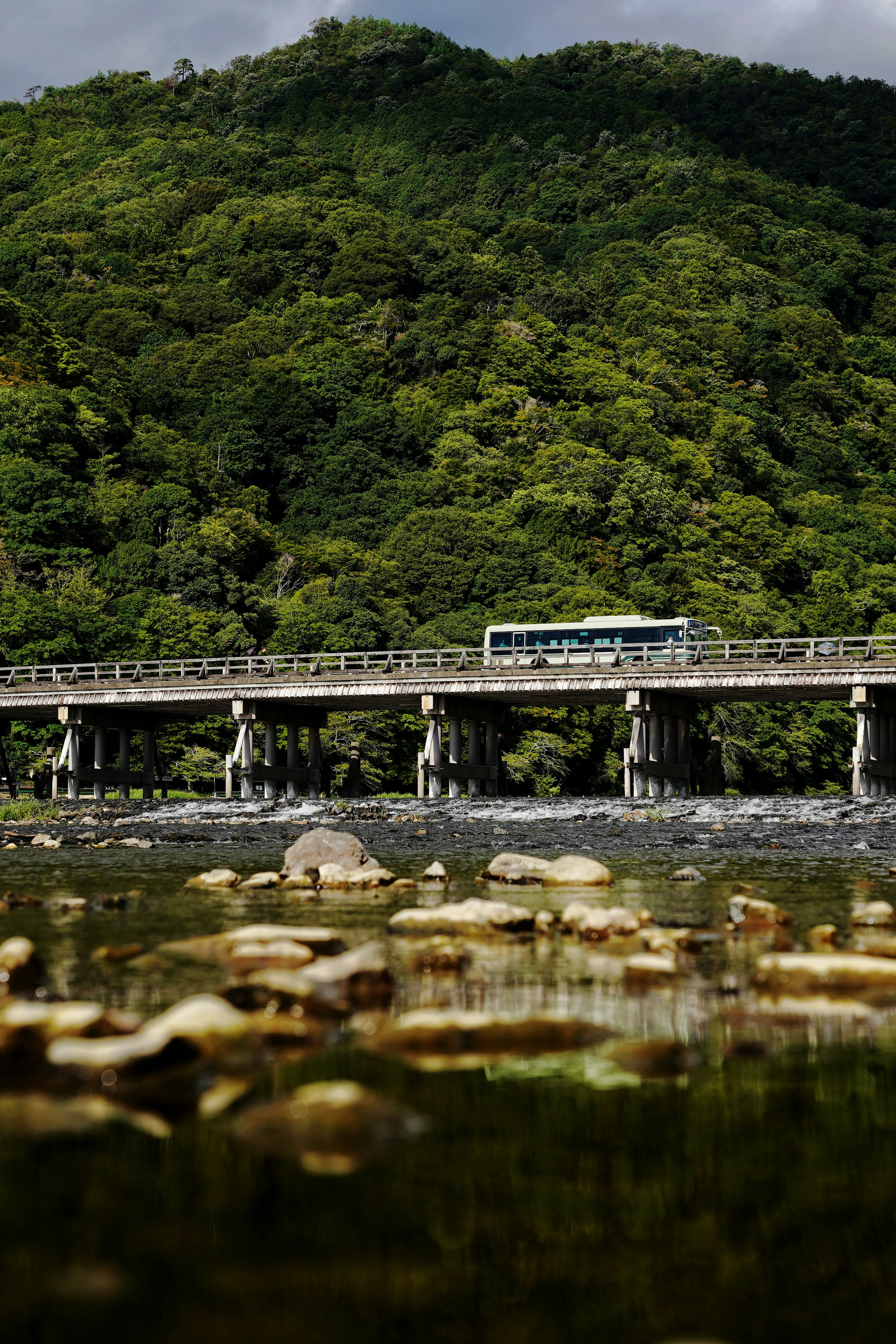 嵐山の渡月橋と川沿いの緑の山並み
