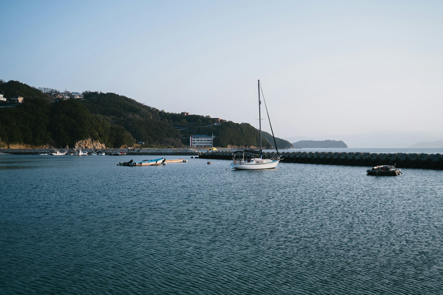 Serene view of yachts and fishing boats on calm water
