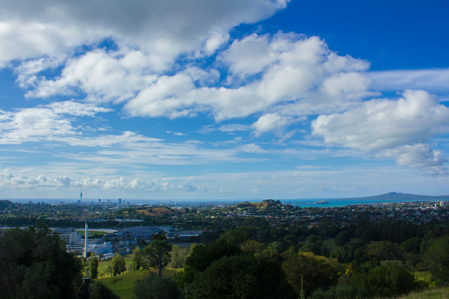 Vista panoramica della Nuova Zelanda con cielo blu nuvole colline verdi e skyline cittadino in lontananza