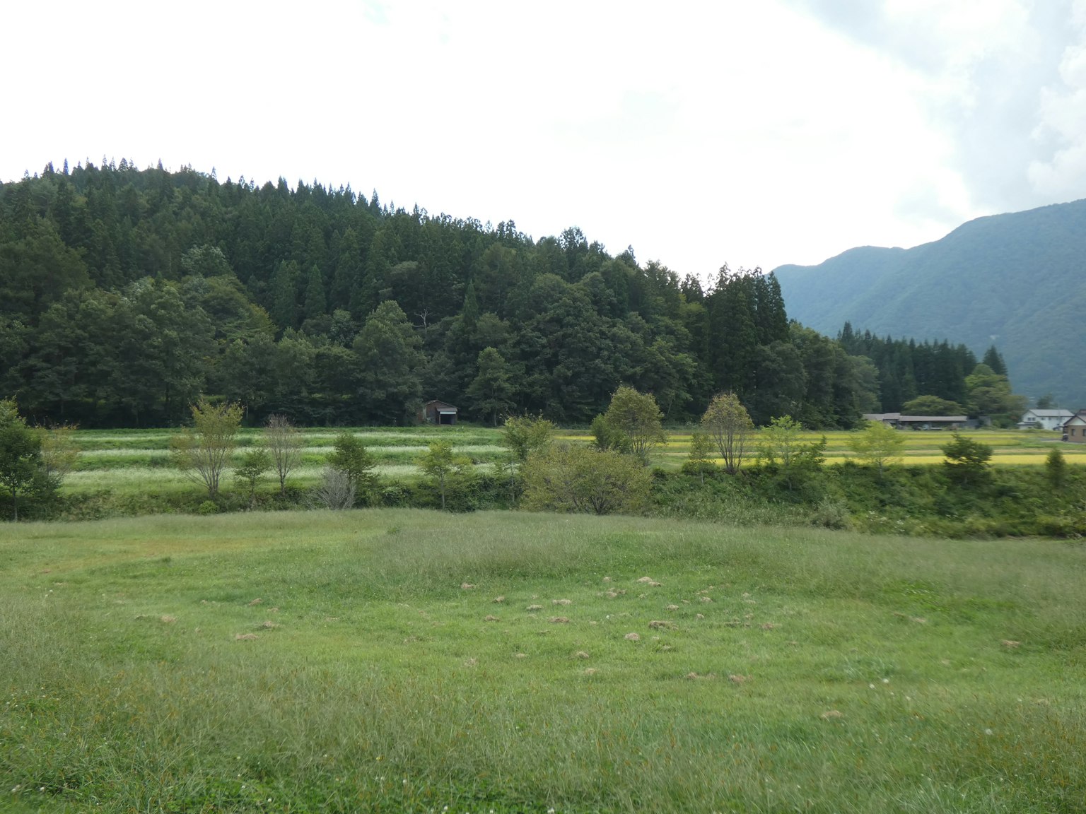 Landschaft umgeben von grünen Feldern und Bergen