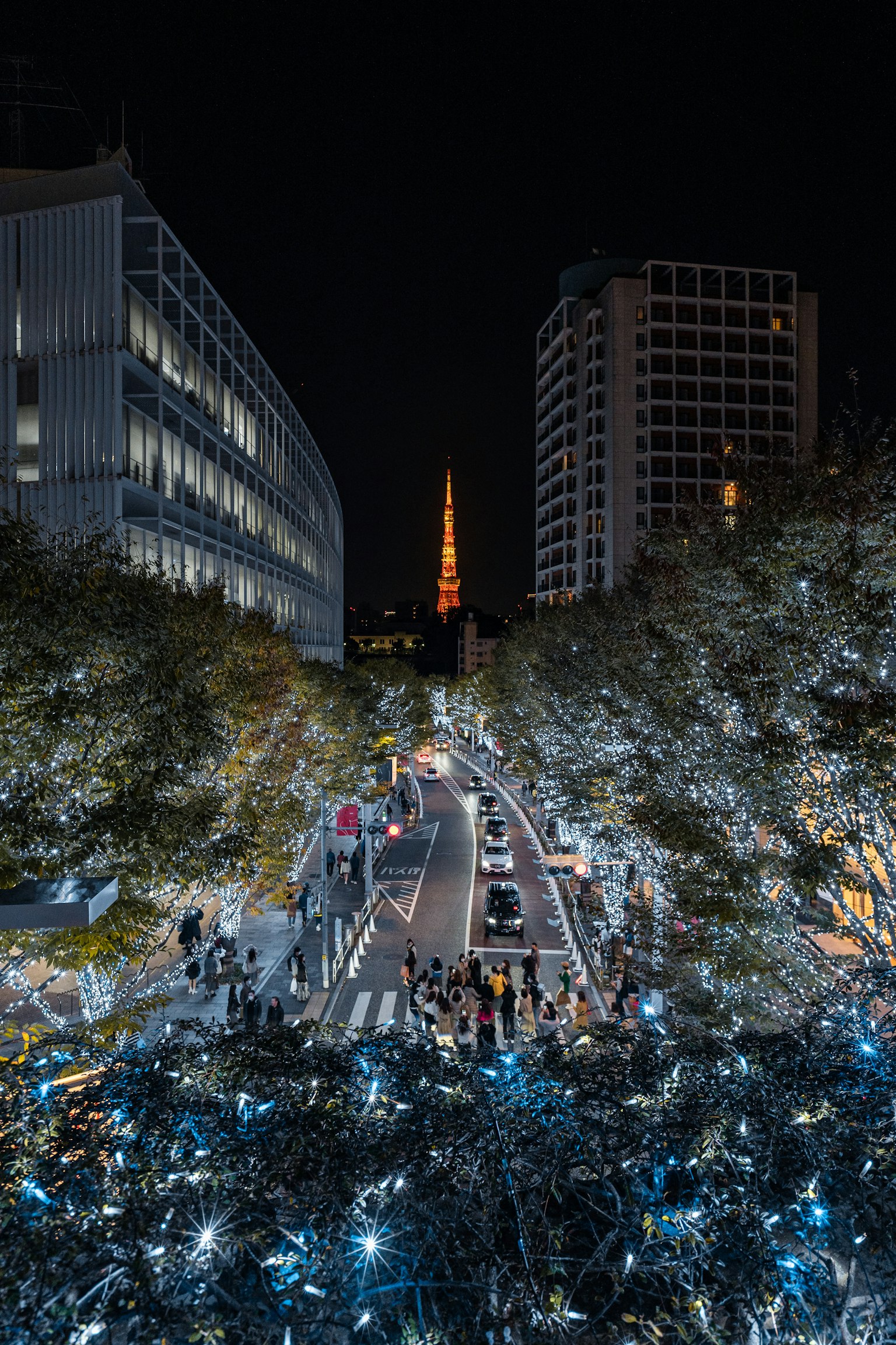 Vista notturna di Tokyo con la Torre di Tokyo illuminata tra gli edifici