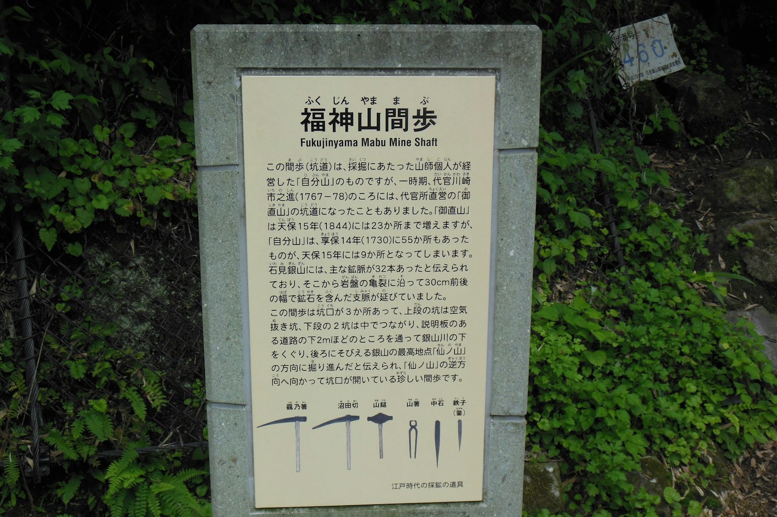 Papan informasi tentang sejarah Gunung Fukujin yang menampilkan teks dan ilustrasi dalam bahasa Jepang