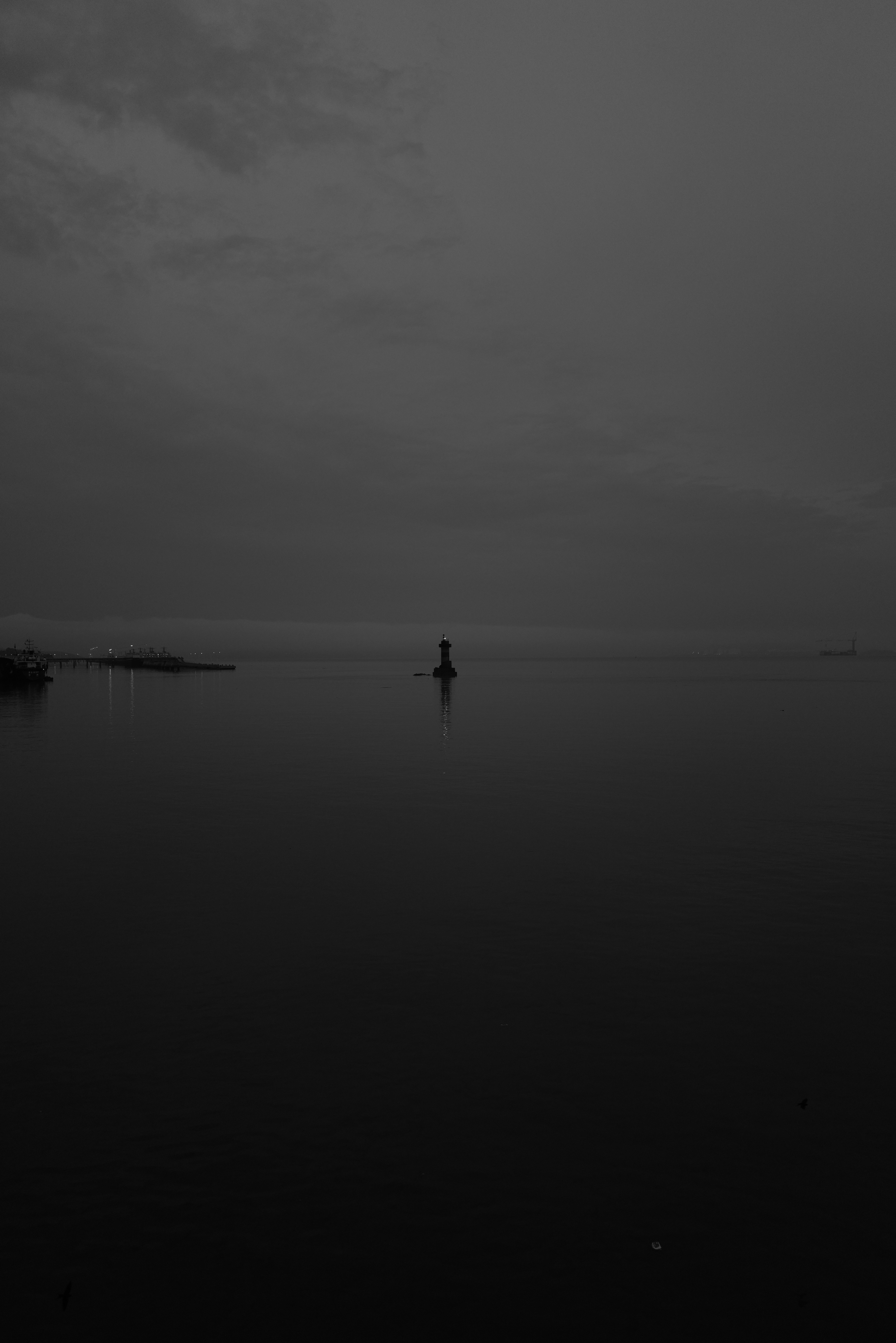 neblige Seeszene mit einem kleinen Licht auf dem Wasser