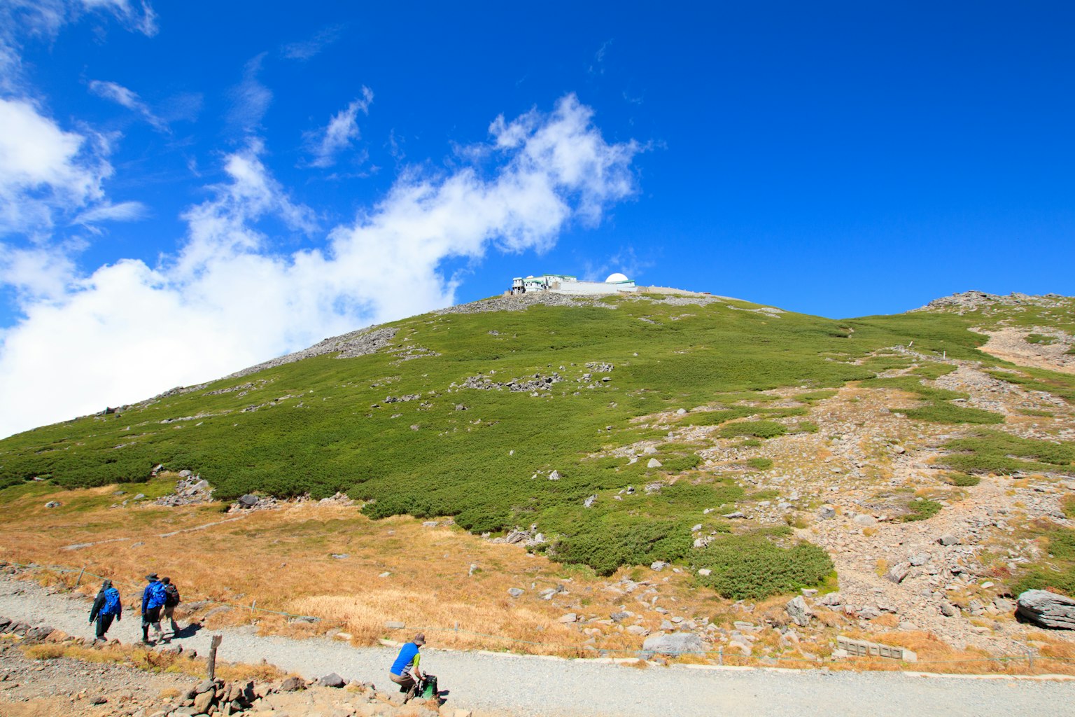 Excursionistas subiendo una montaña bajo un cielo azul con prados verdes y terreno rocoso