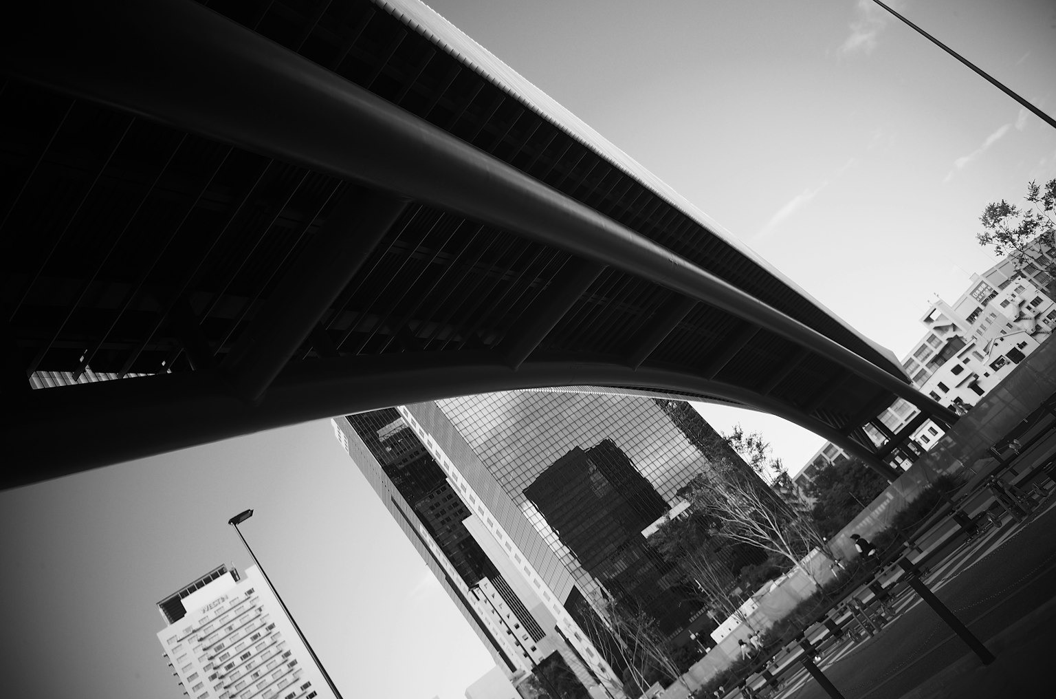 Monochromes Stadtbild mit einer Brücke und Wolkenkratzern
