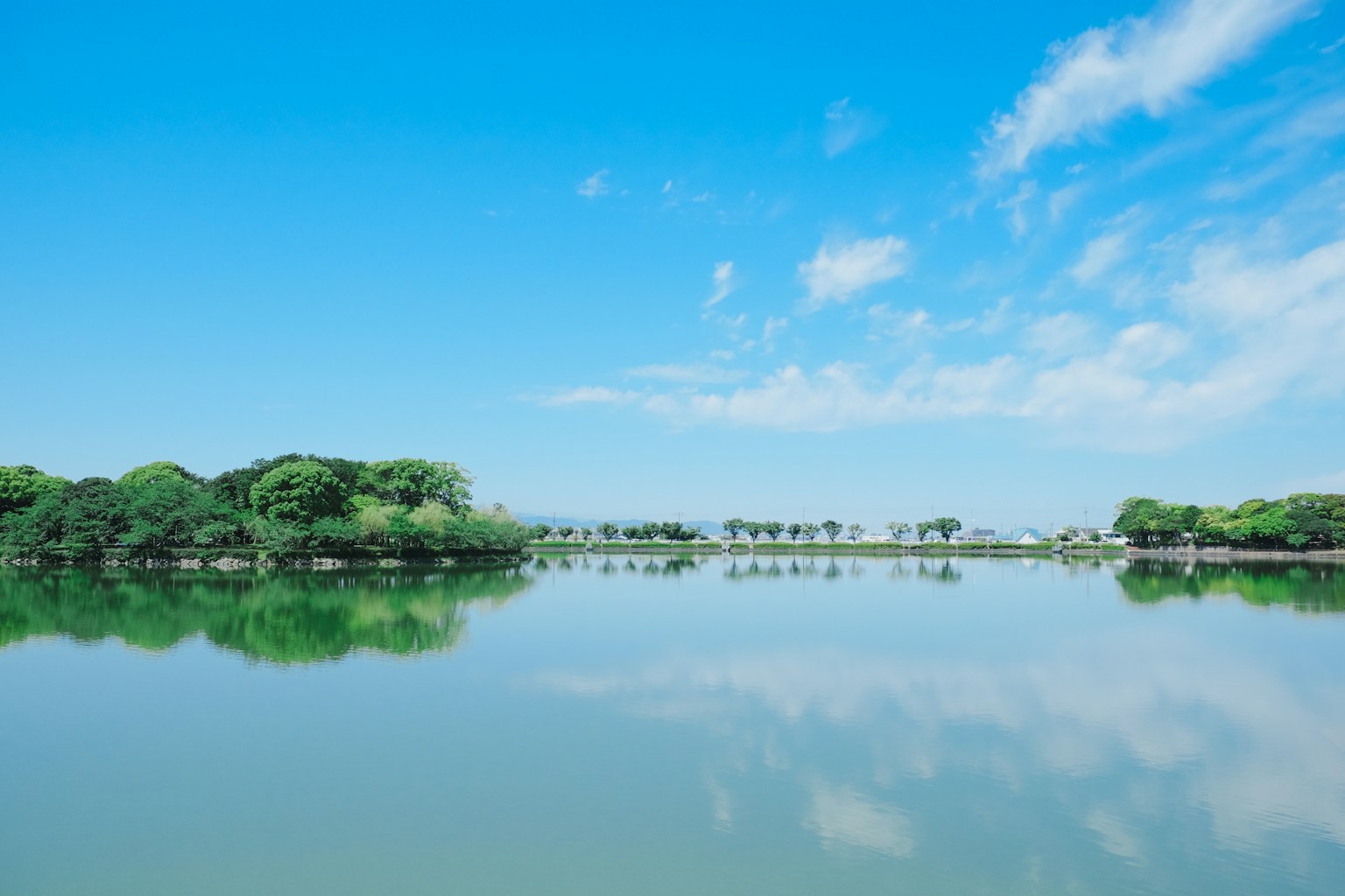 Vue panoramique d'un lac calme reflétant des arbres et un ciel bleu
