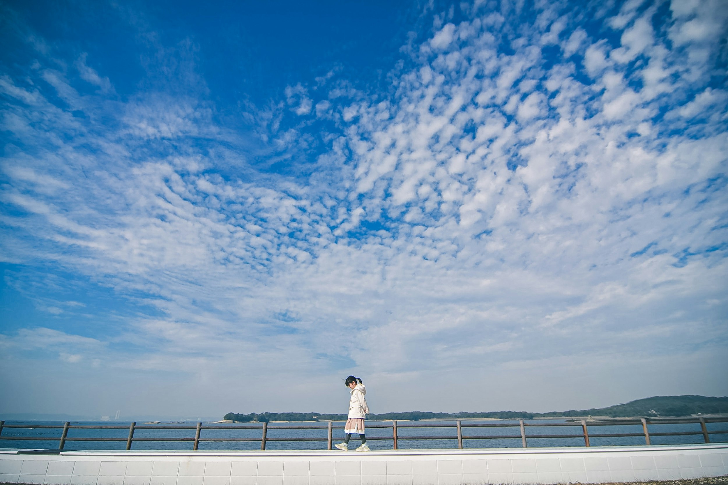 青空の下、海辺の遊歩道で立つ女性