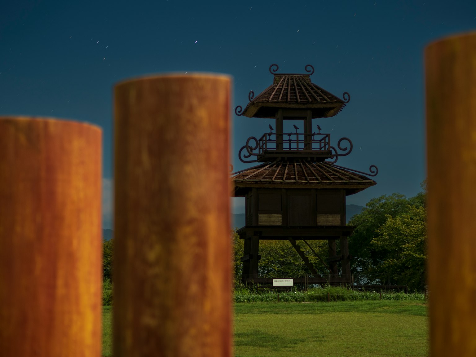 夜空下美麗的塔樓和前景中的木柱