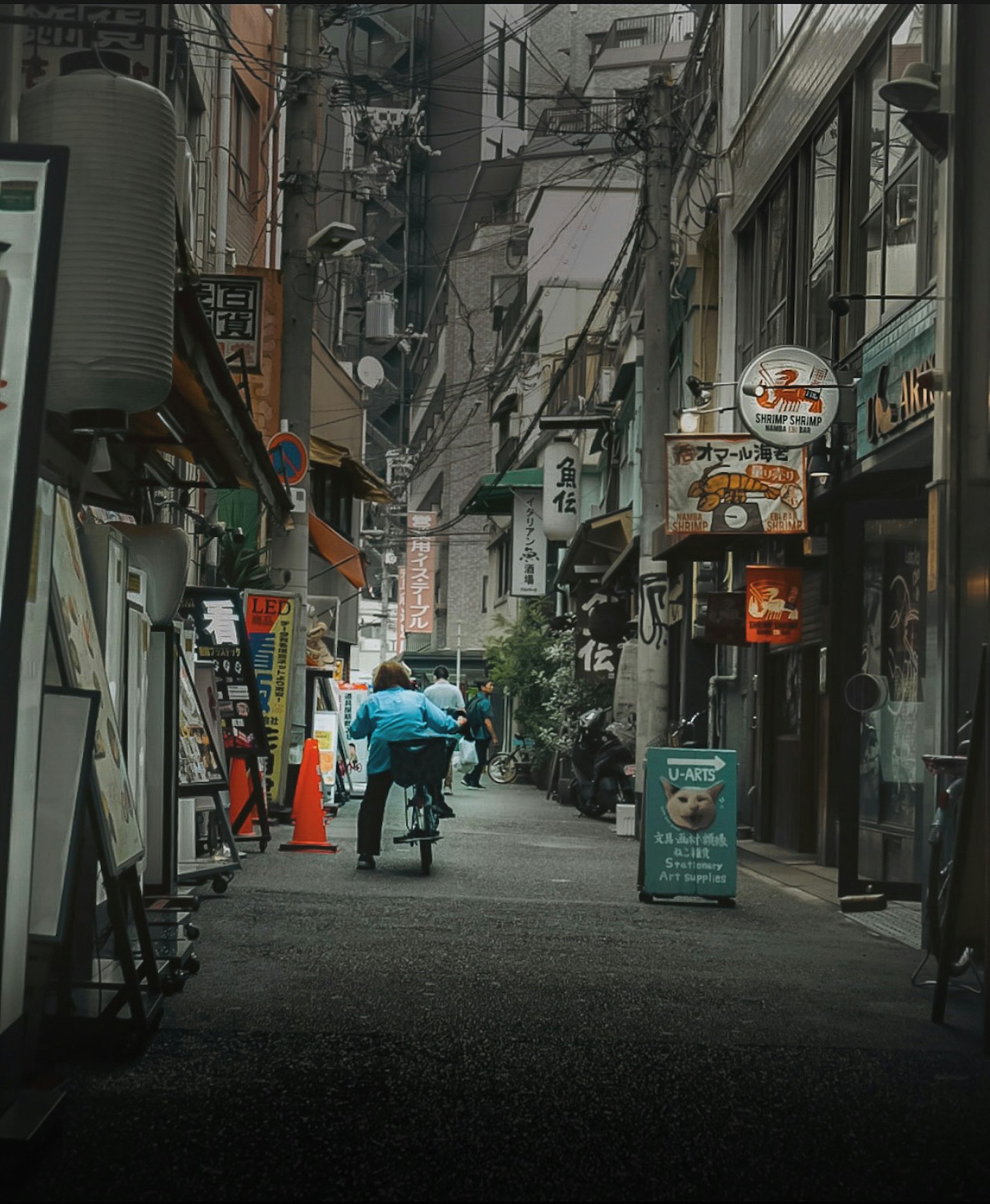 A person riding a bicycle in a narrow alley surrounded by signs and shops
