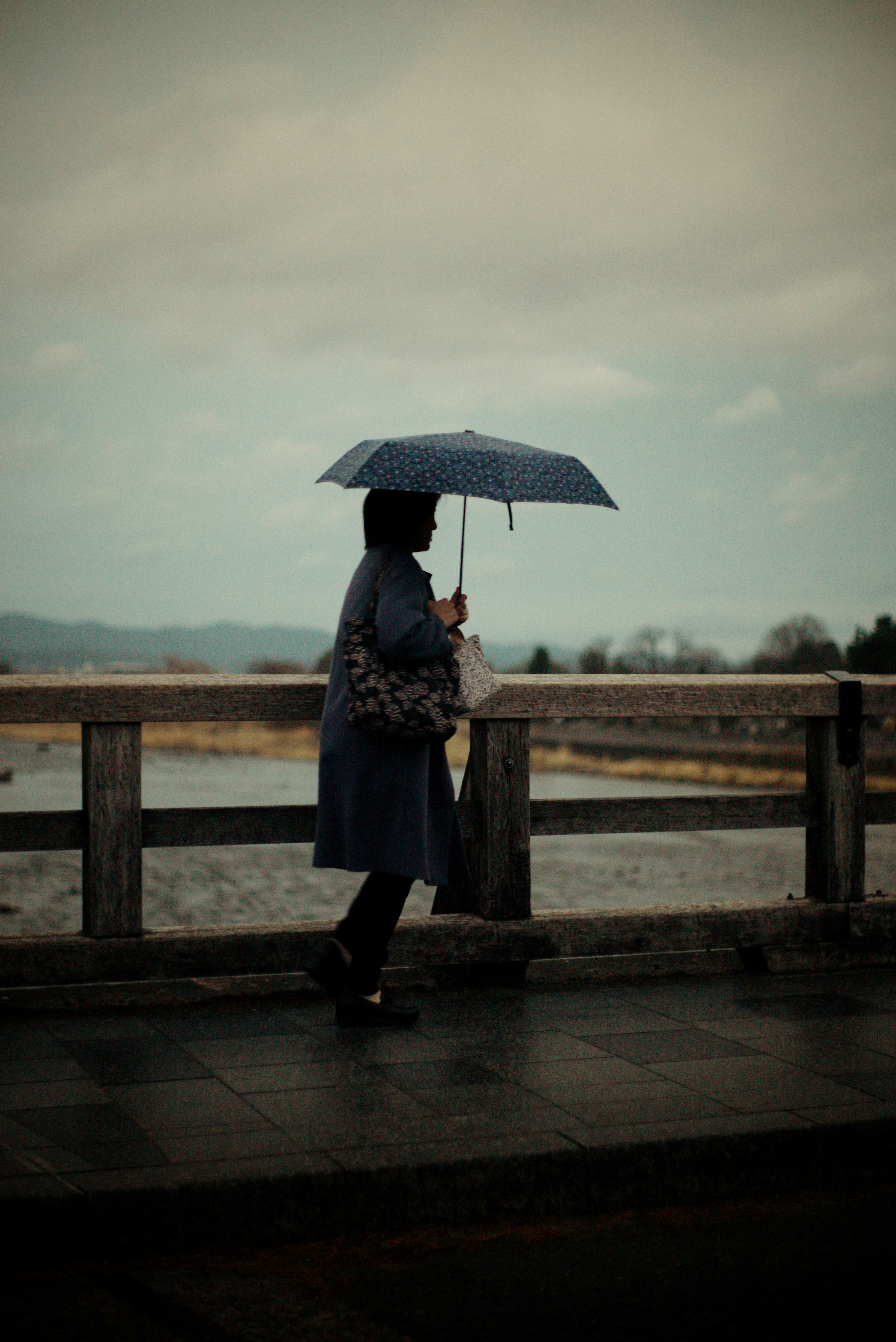 雨の渡月橋で傘をさす人