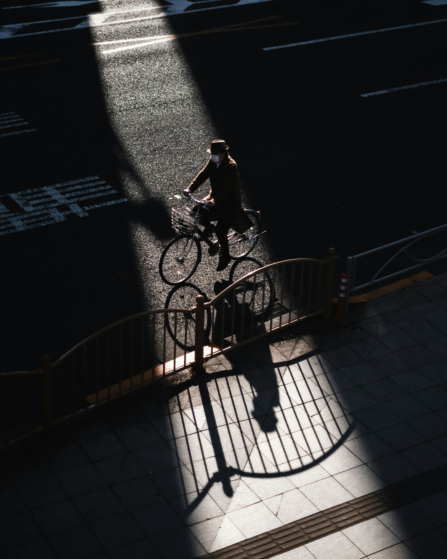 Un cycliste traverse une rue ombragée avec de forts contrastes de lumière